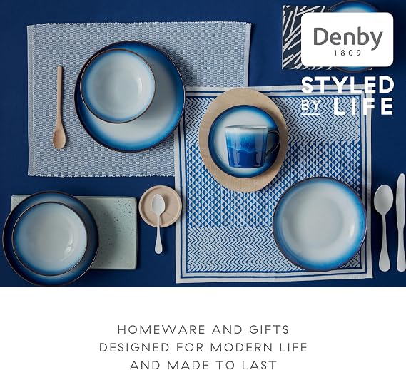 Denby - Blue Haze Dinner Set for 4-12 Piece Ceramic Coupe Tableware - Blue Glaze Plate and Bowl Set - Dishwasher Microwave Safe Crockery - Includes 4 x Dinner Plates, Small Plates, Cereal Bowls