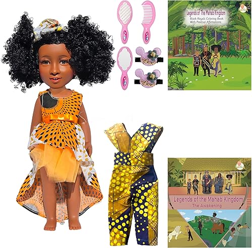 Muñeca negra de 14 pulgadas con historia infantil y libros para colorear, muñeca negra para niñas con libros para niños, muñeca de vinilo fino