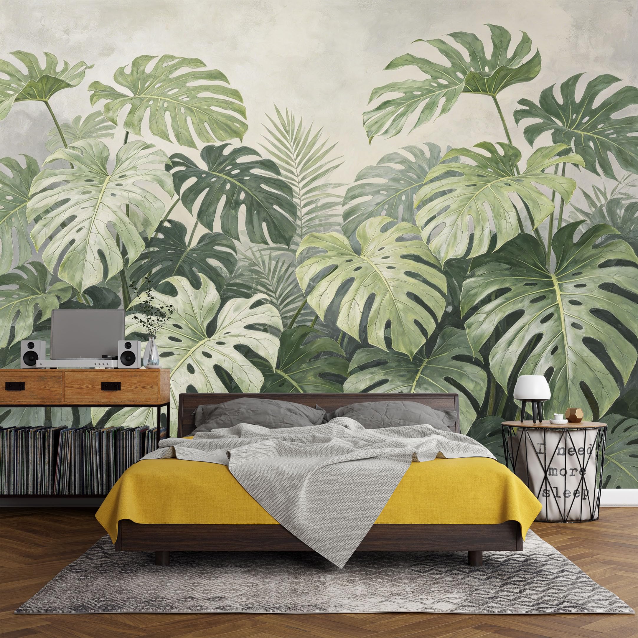 Custom Size Wall Mural， Botanical Monstera Tropical Jungle Leaves Green Plant Art，SelfAdhesive Art Prints wall Fabric(No PVC) Removable Wallpaper Living Room Decor