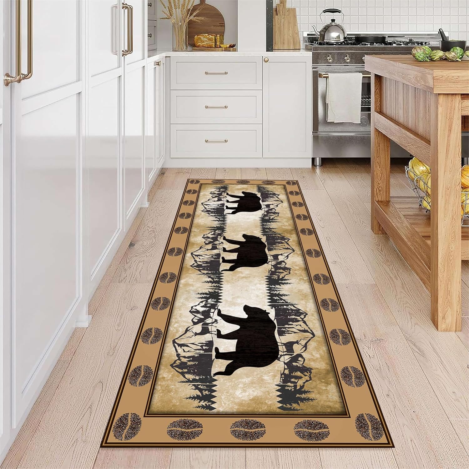 Rustic Lodge Wildlife Runner Rug - Lodge Style Living Room Entry Rug, Snowy Mountain Pines Background, Western Rustic Wildlife Bear Elk Floor Rug, Non-Slip Bedroom Entry Rugs, 2x6ft