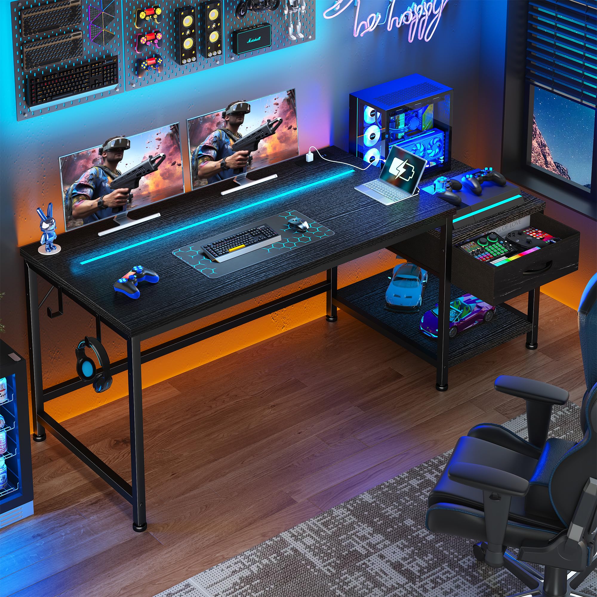 DurayLoly 48.1 Inch Gaming Desk with LED lights and power outlets