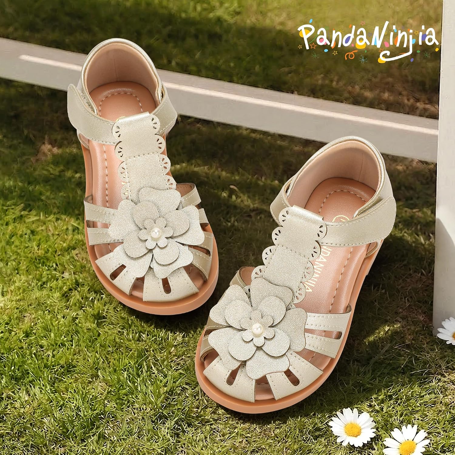 PANDANINJIA Toddler Sandals Closed Toe Flat Girls Sandals Little Kids T-Strap Summer Dress Shoes Party Wedding Flower Girl Shoes image 4