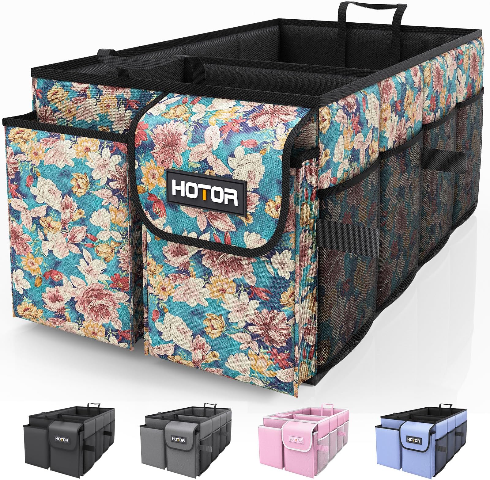 Trunk Organizer for Car - Large-Capacity Car Organizer, Foldable Trunk organizer for SUVs & Sedans, Sturdy Car Organization for Car Accessories, Tools, Sundries, Blue Flower, 2 Compartments