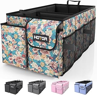 HOTOR Organizador de maletero – Almacenamiento plegable de coche para SUV y sedanes, organización resistente para accesorios, herramientas, artículos diversos, flor azul, 2 compartimentos, 21.3