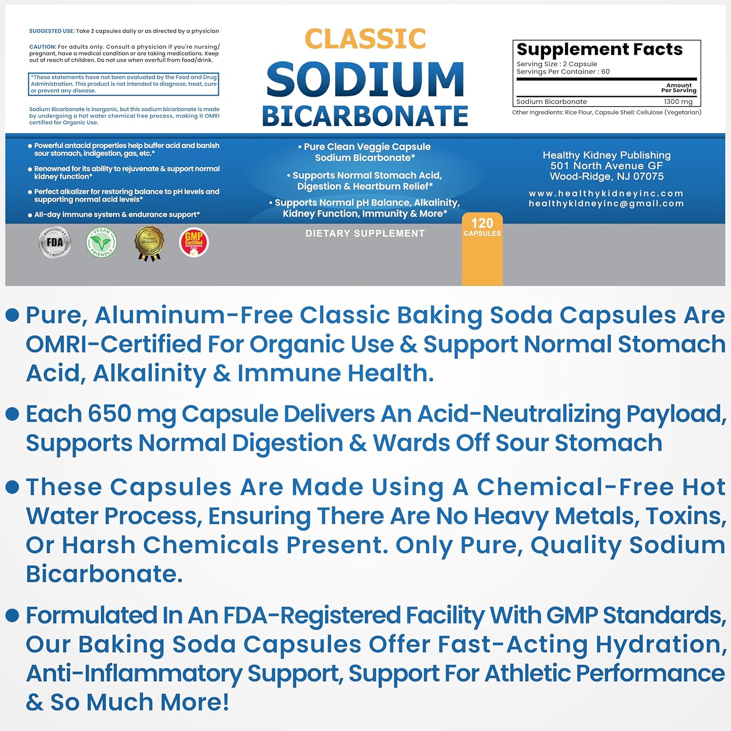 Classic Sodium Bicarbonate 650mg Natural Organic Use Sodium Bicarbonate Powder Pills Sodium Bicarbonate Tablets (caps) Stomach Acid Alkalinity 120caps
