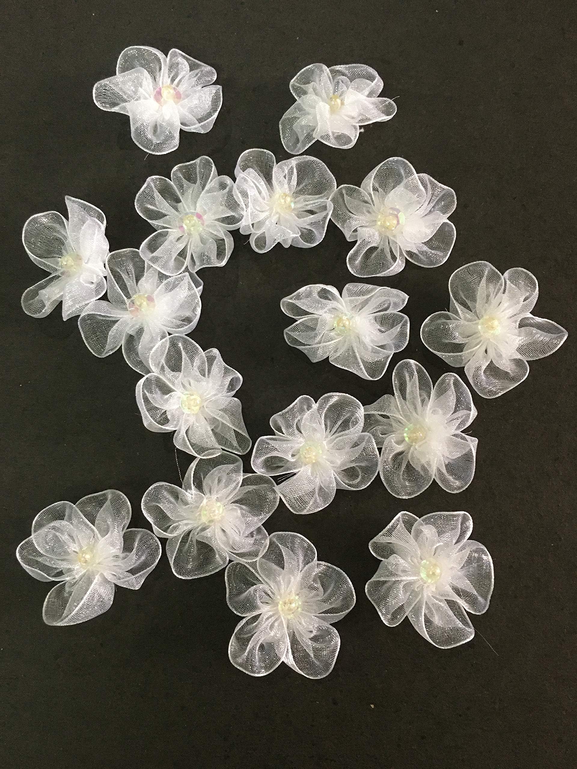 SYNC White Flowers Decoration Craft Patches for Clothes Artificial Blouse Hair Jewellery Imitation Dresses Dupatta Suits, Sarees Gowns 25 Pieces Flower
