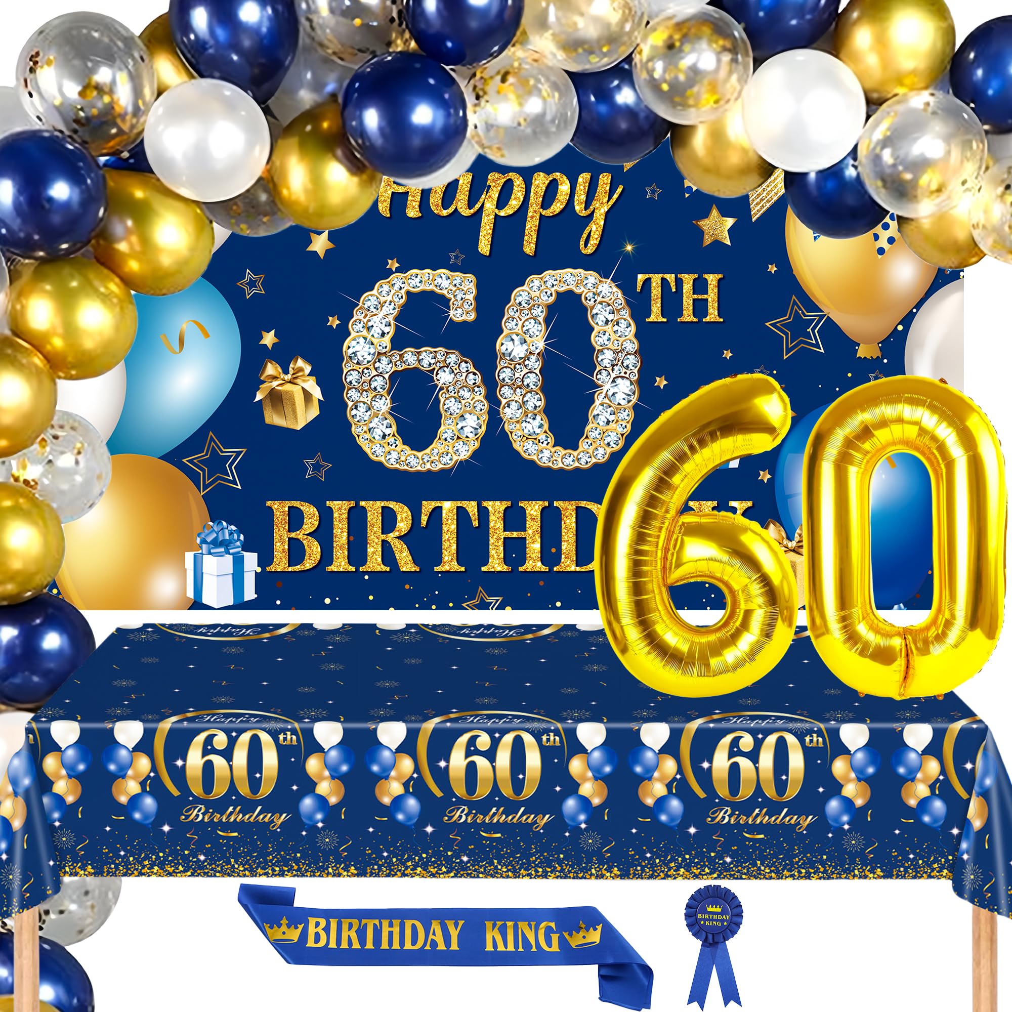 60th Birthday Decorations for Men and Women, Blue Gold 60 Year Old Birthday Backdrop Balloons Arch Tablecloth Sash Pins Number 60 Foil Balloon with