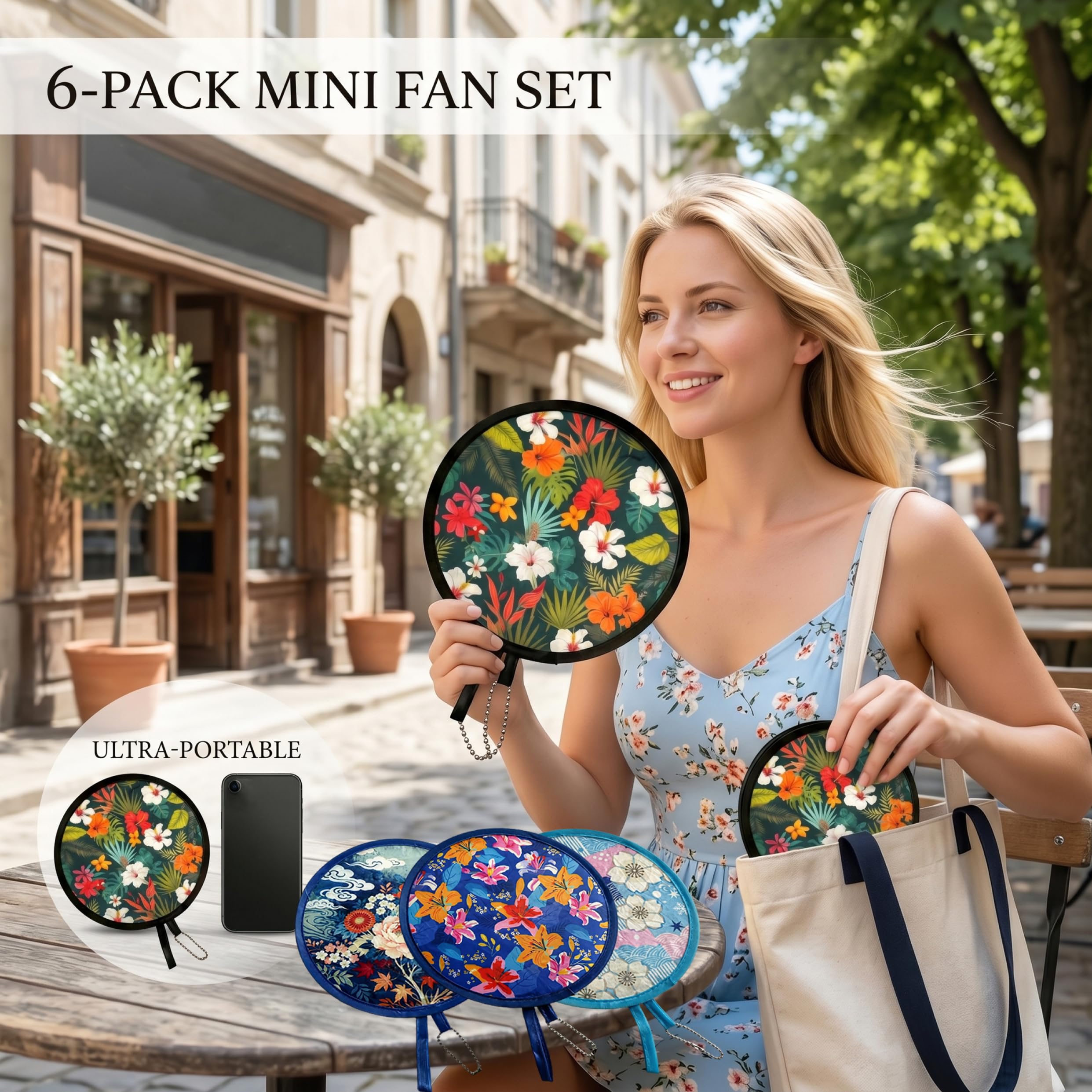 6-teiliges faltbares Handfächer-Set mit Blumenmuster, faltbarer Handfächer im Vintage-Flying-Disc-Design, tragbare runde Fächer für Sommerreisen, Hochzeiten, Partys