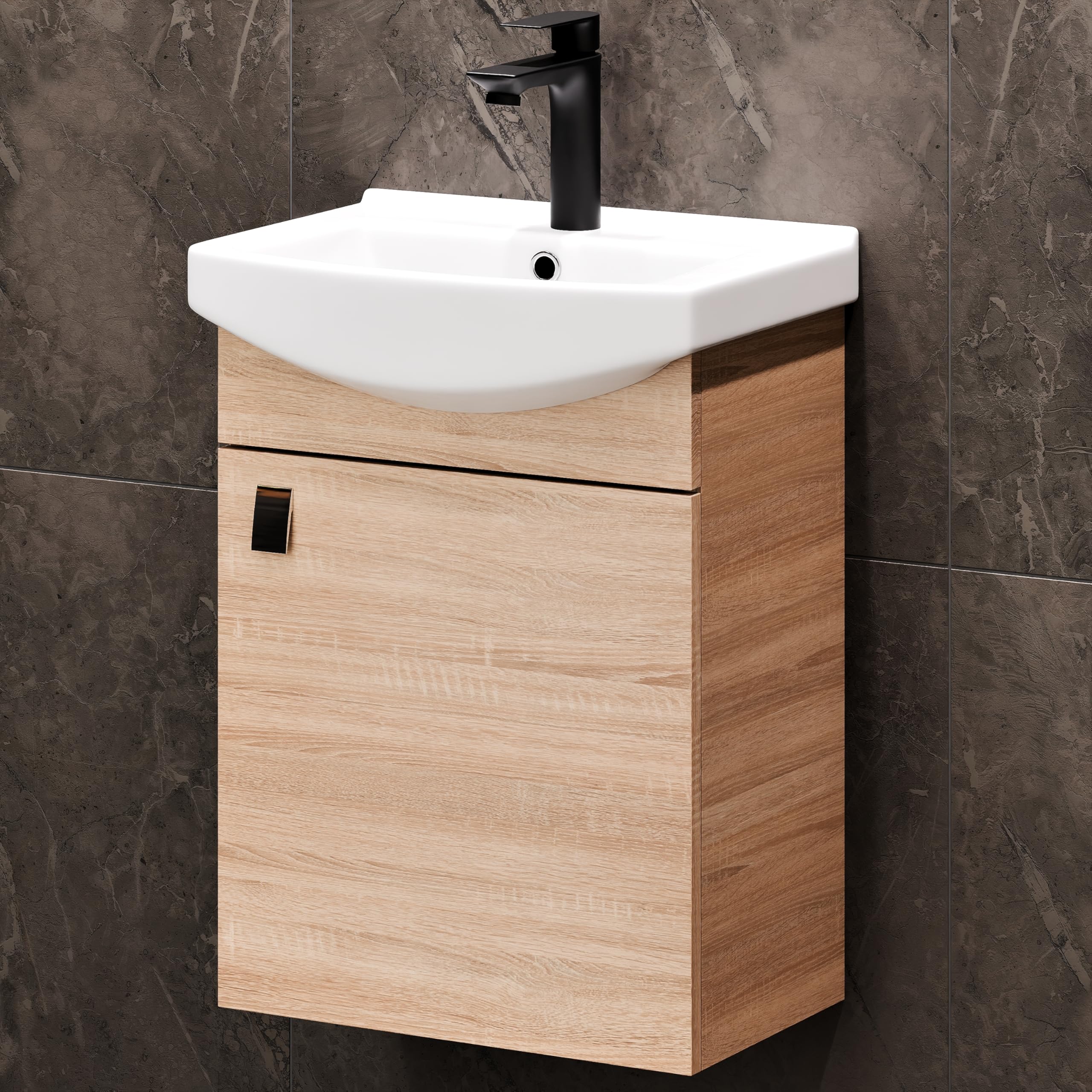 Planetmöbel Set di mobili da bagno lavabo con mobiletto 45 x 60 x 33 cm con rubinetto nero per bagno e WC ospiti, rovere Sonoma