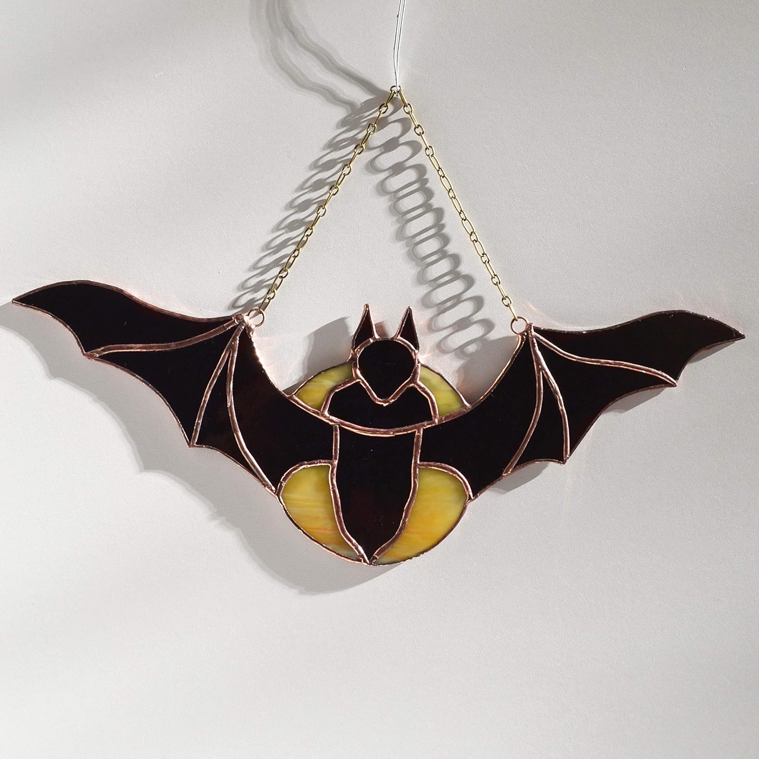 Stained Glass Flying Bat over Moon Panel for Window Hanging or Wall Decor - Halloween Decor Scary