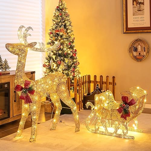 Miniatura 4 de Tangkula Reno y trineo de Navidad iluminados de 47 pies decoración para exteriores con 100 luces cálidas 8 estacas de tierra 30 bridas para cables