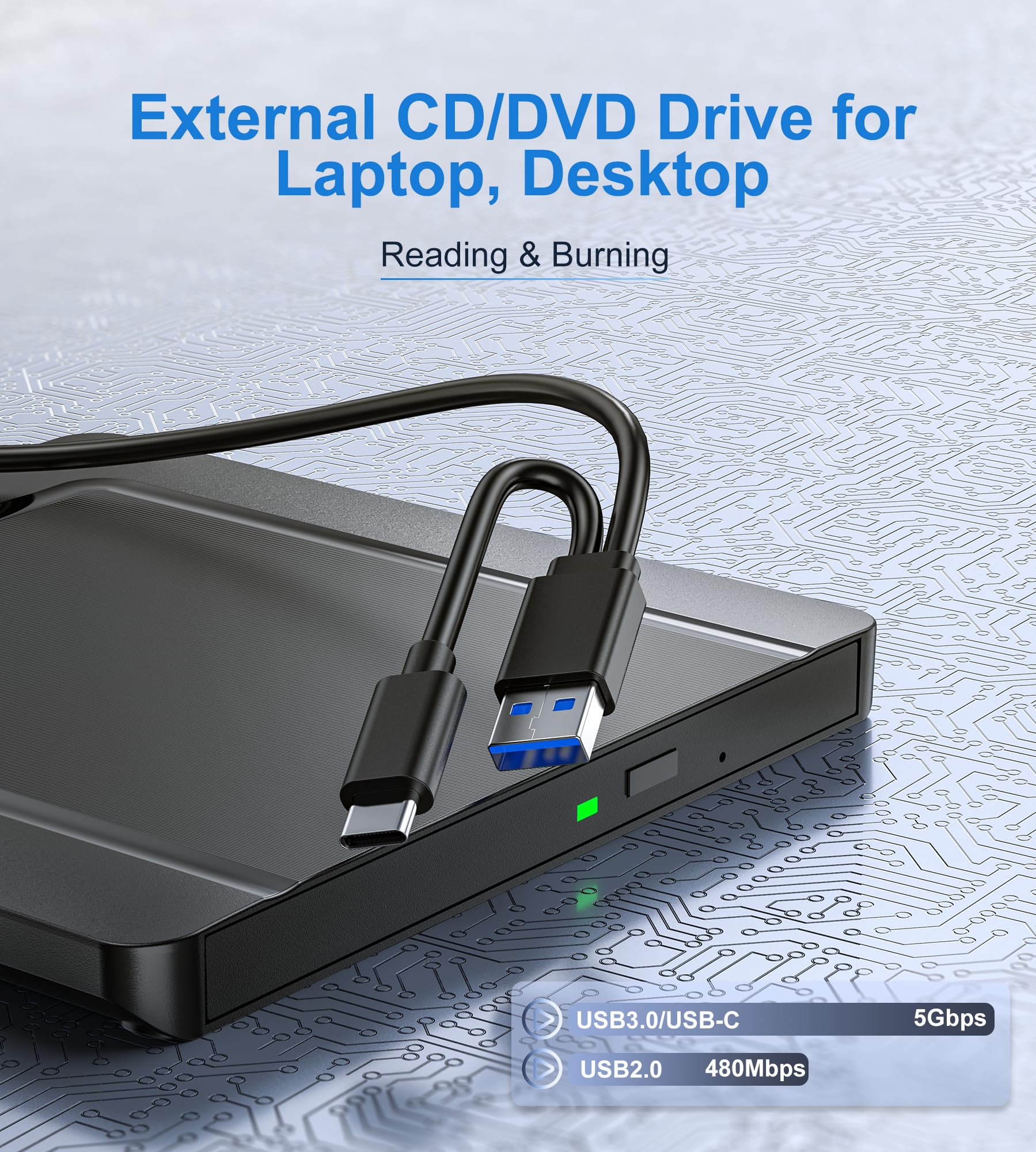 Zewnętrzny napęd CD DVD USB 3.0 USB-C CD DVD +/-RW ROM optyczny do laptopa MacBook Windows 11/10/8