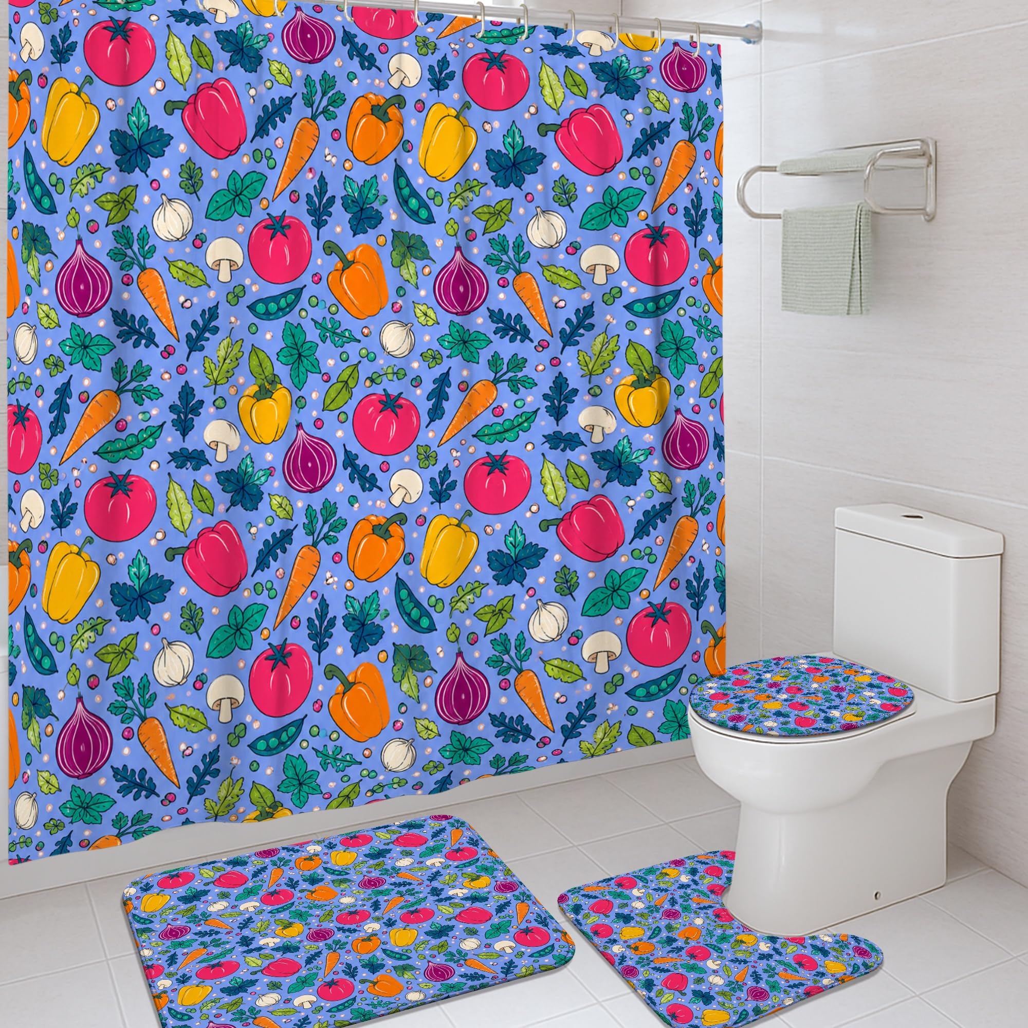 Rideau de douche en tissu anti-éclaboussures imprimé légumes bleu