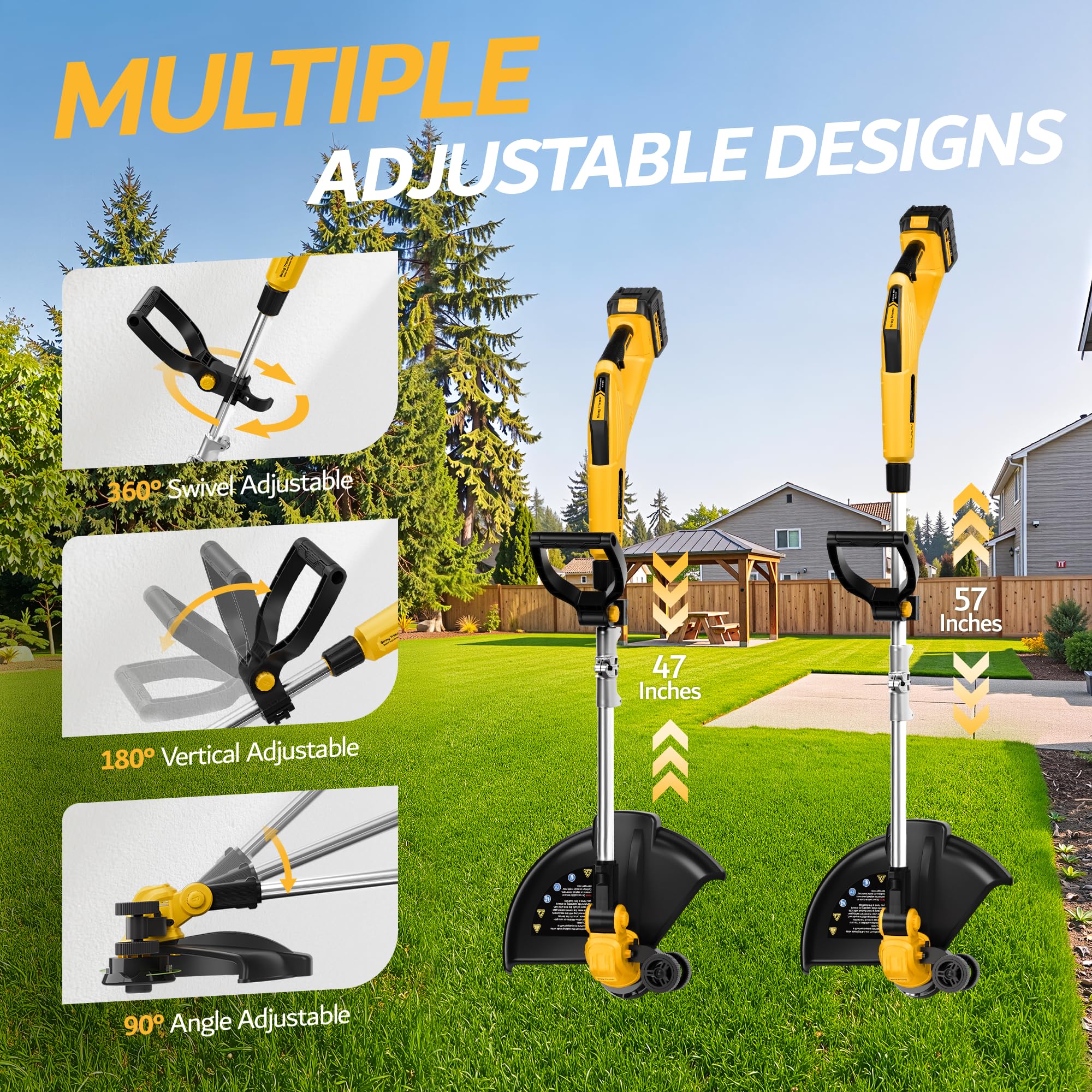 Désherbeur électrique de 38,1 cm sans fil avec 2 batteries 20 V 5,0 Ah, alimentation automatique, tondeuse à gazon et coupe-bordures, débroussailleuse alimentée par batterie pour jardin et cour
