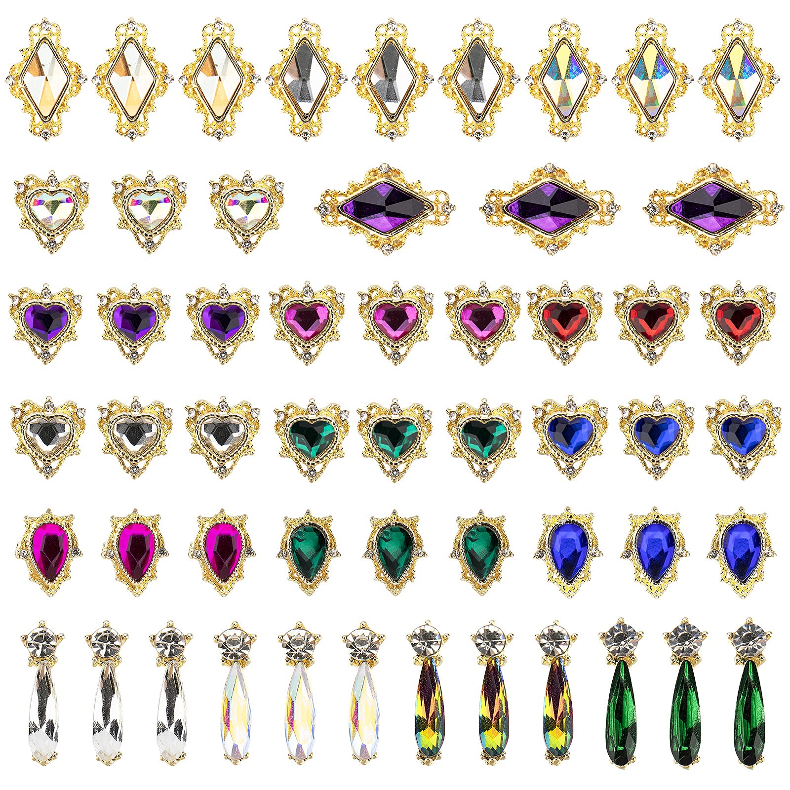JIEPING 54PCS Nail Art Rhinestones 3D Nail Charms Gems Decorations, Big AB Iridescent Crystal Jewels Gold Chrome Metal Alloy Hearts Drops Charm for DIY
