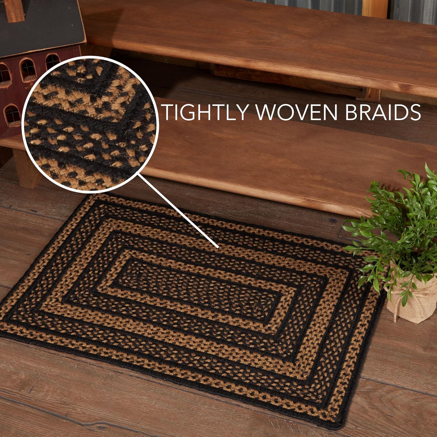 VHC Brands Farmhouse Primitive Jute Black Striped Accent Rug Rectangle Decor w/Floor Pad 20"x30"