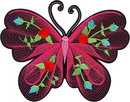 Large 7.5 * 6 inches Pink Butterfly Embroidered Iron on Patch Applique Decorative Repair T-Shirt Jean Jacket Clothes DIY Pink