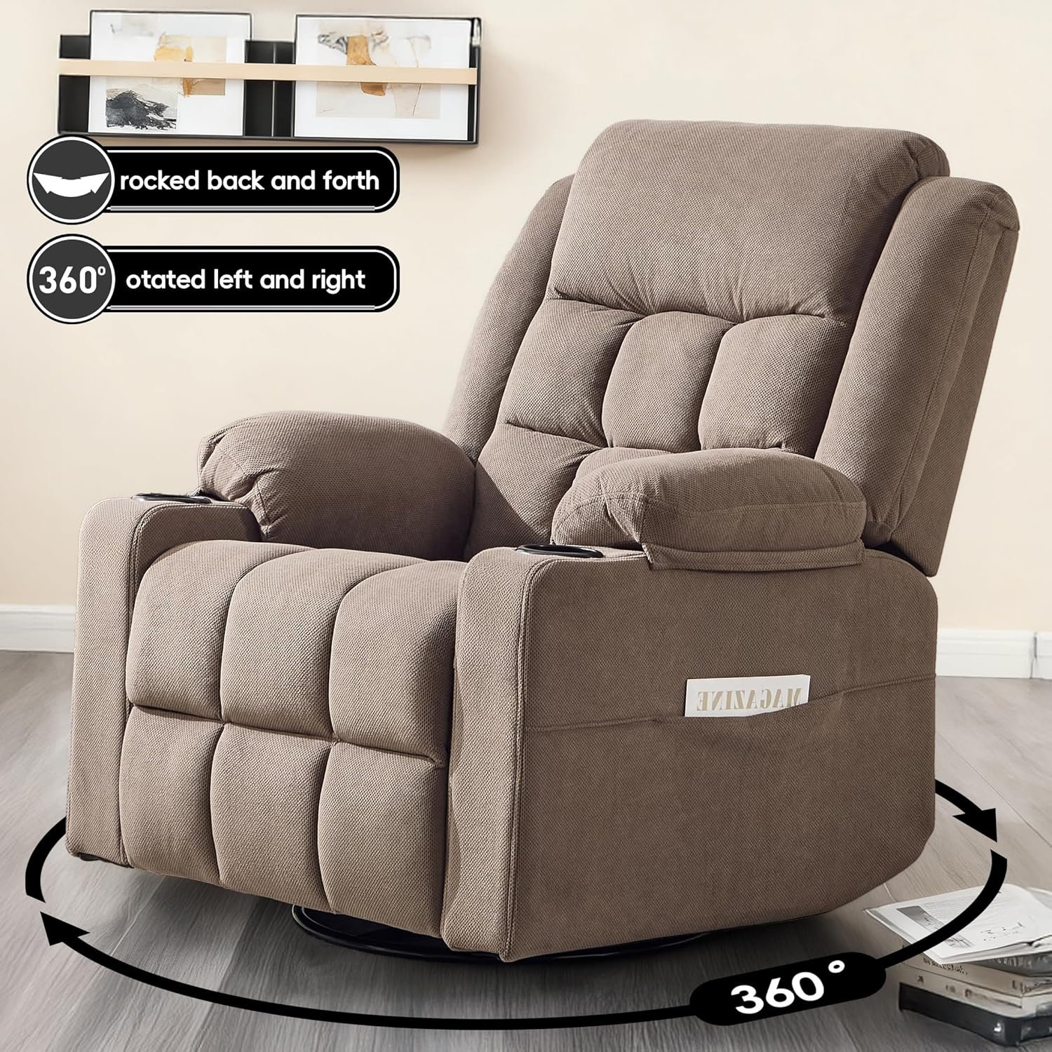 Swivel Rocker Recliner Chair with Massage and Heating,Cup Holders,Glider Recliner for Adults,Soft Fabric Living Room Nursing Reclining Sofa Chair (Coffe)