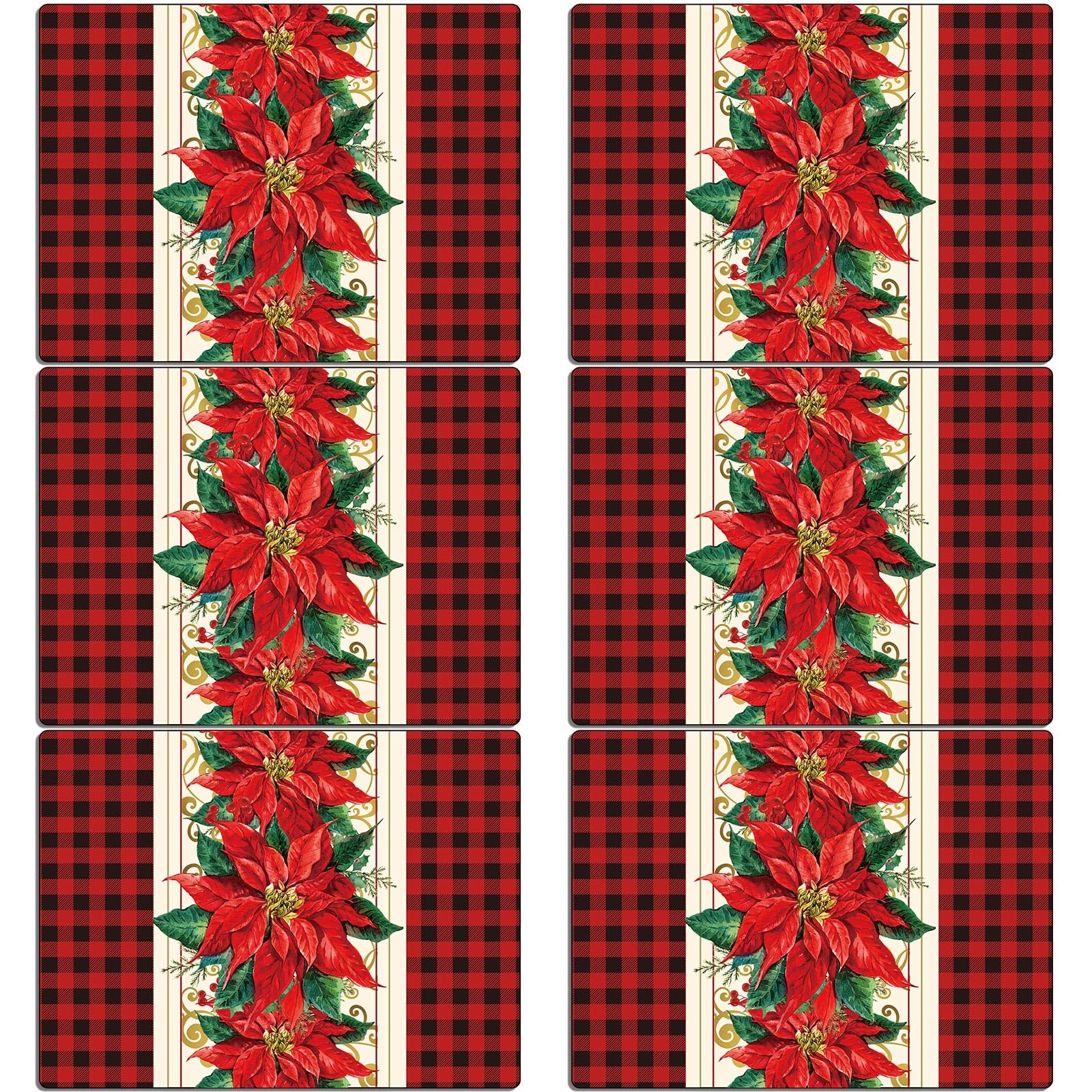Christmas Poinsettia Placemats Set of 6 Red Watercolor Poinsettia Plastic Table Mats Christmas Xmas Red Flower Place Mats Winter Holiday Table Decoration for Indoor Outdoor Party Kitchen Dining