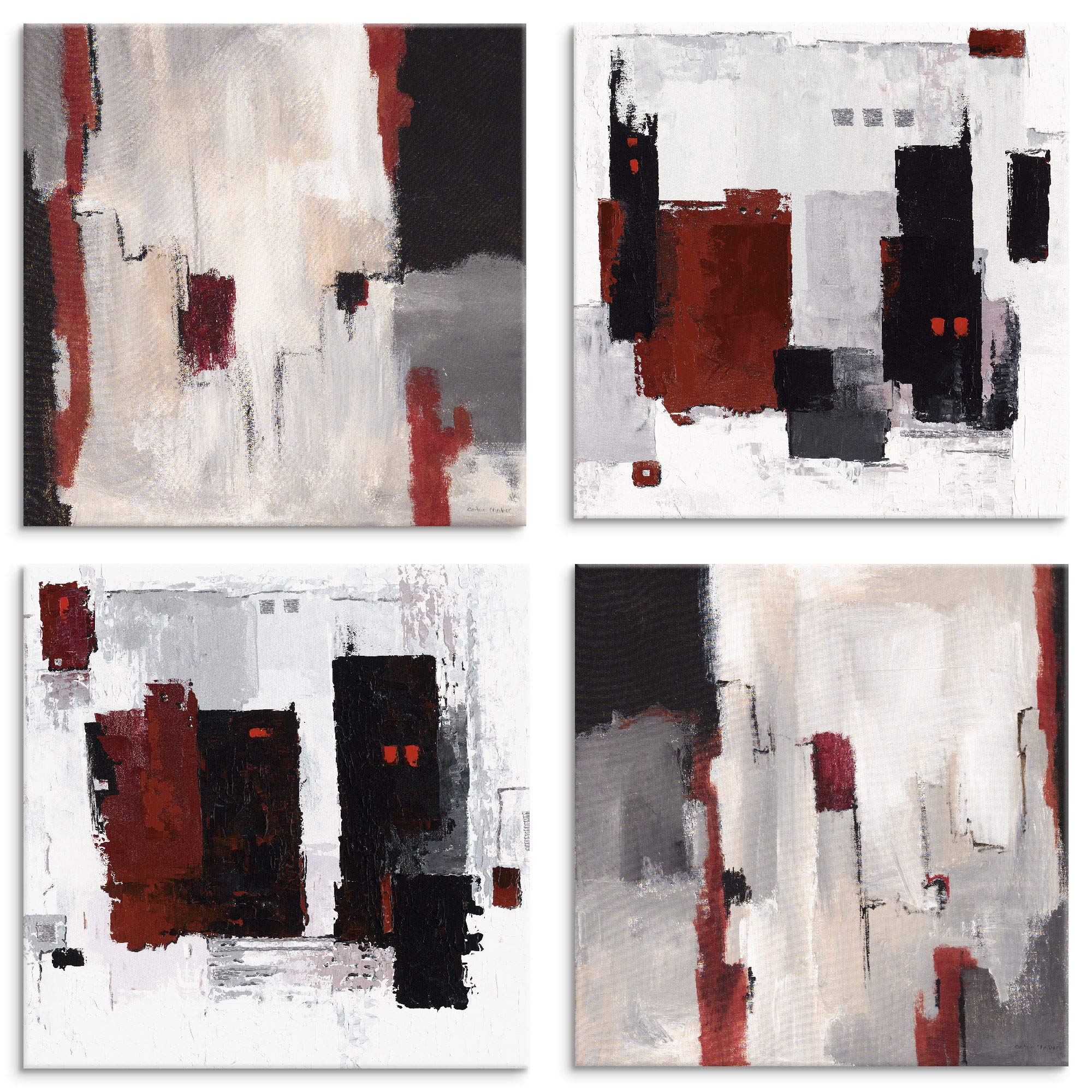 ARTLAND Wanddeko Leinwand Bilder auf Holz Wandbild Bild Set 4 teilig je 40x40 cm Abstrakte Kunst Malerei Modern Abstrakt Art Skandinavisch Rot Grau U1OD