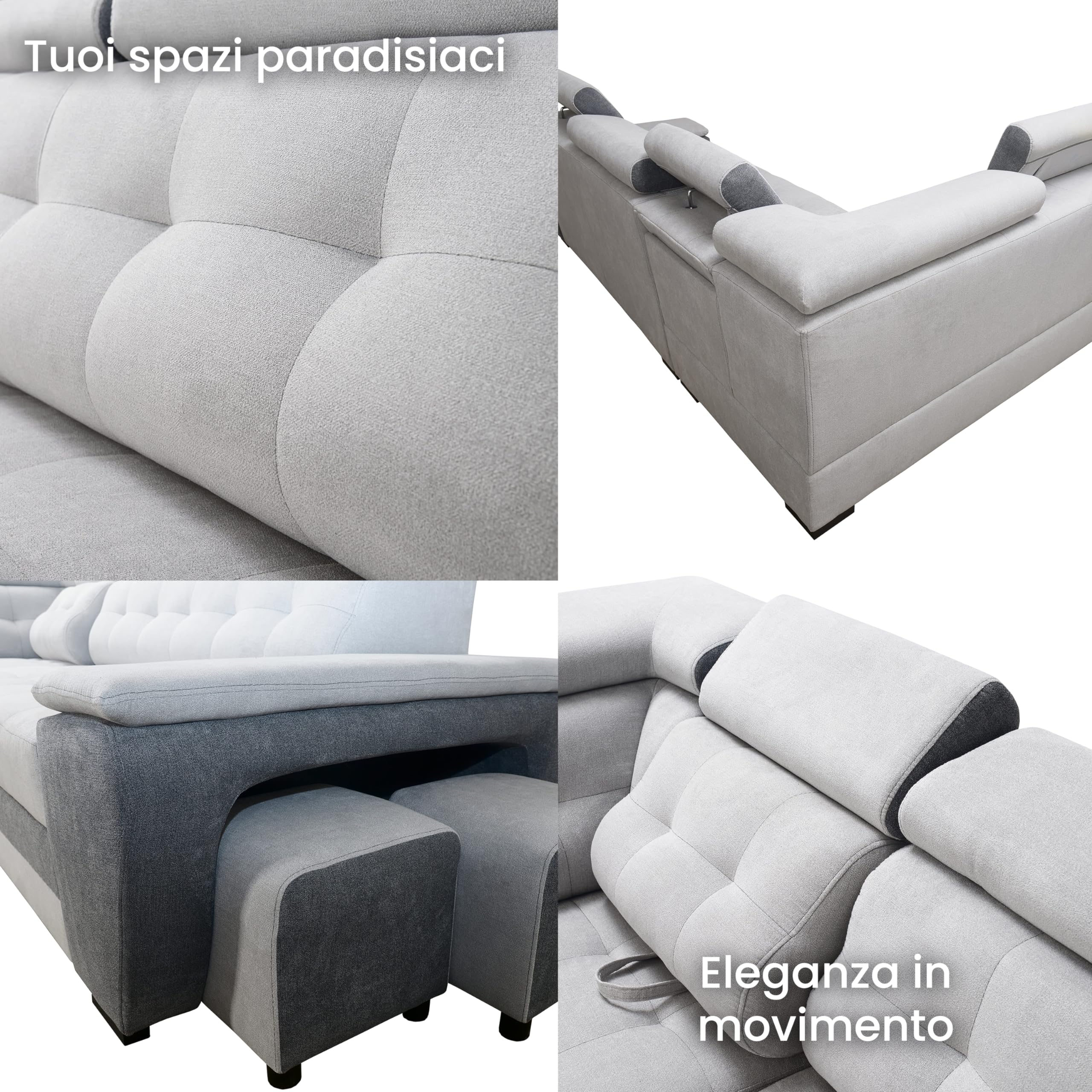 Robin Inspire Grand Divano angolare con funzione di letto cassetto per la biancheria due pouf poggiatesta regolabile angolo a sinistra grigio scuro 277 x 180 x 100