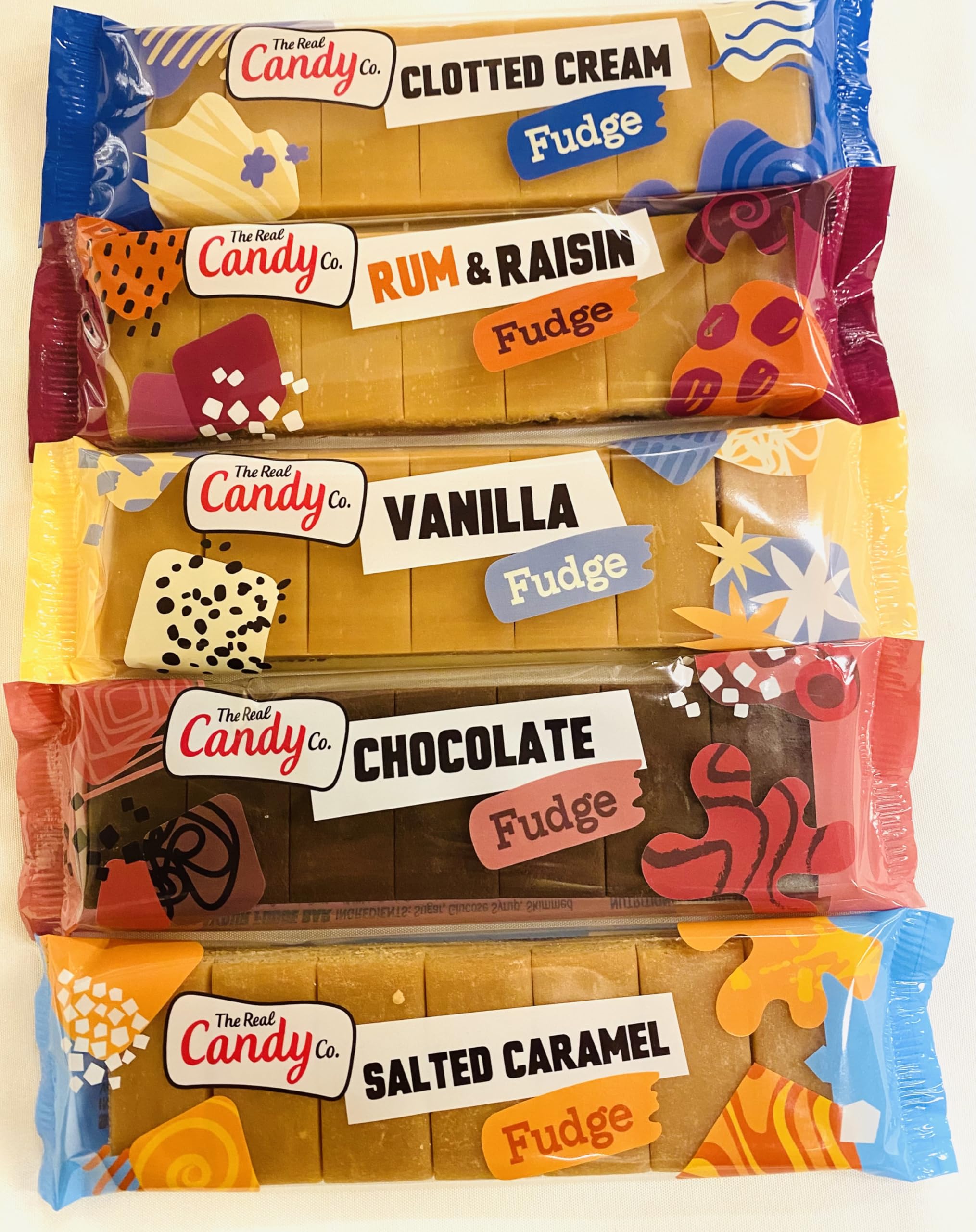 Fudge Bar Gift Set (5 Pack of 130g each) - Vanilla - Chocolate - Salted Caramel - Clotted Cream - Rum and Raisin