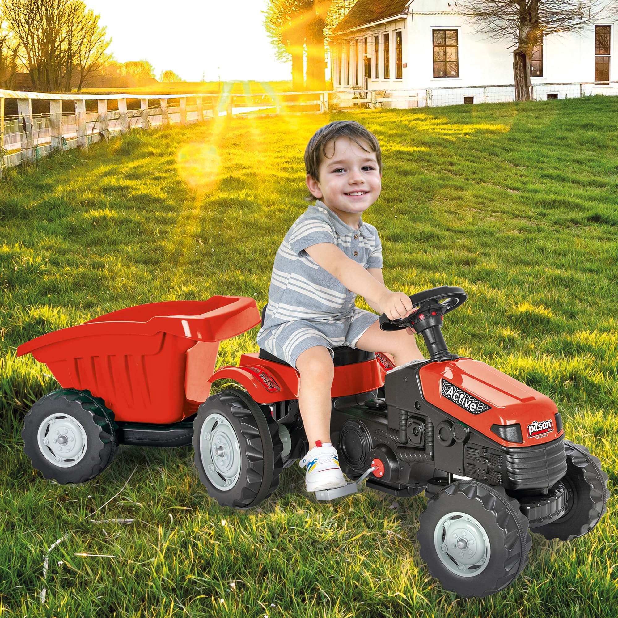 Lemodo Trettraktor rot ab 3 Jahre, Kindertraktor mit Anhänger, Verstellbarer Sitz, Kettenantrieb, Hupe, Traktor zum Draufsitzen für Garten & Hof, Kinderfahrzeug (rot mit Anhänger)