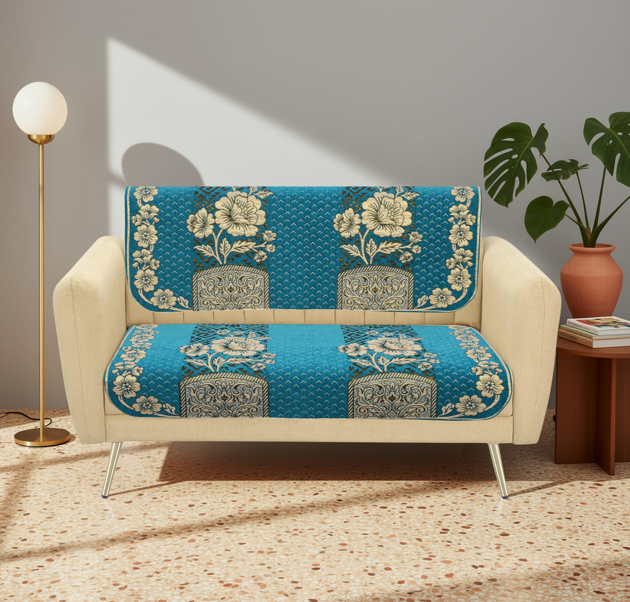 Premium Velvet 2 Seater Sofa Cover 26 X48 inch | Sofa Protector for Living Room | Soft, Washable Slipcover | 2 Seater Sofa Cover | Chenille Sofa Cover | Rectangle (Bloom) (Aqua)-image-35