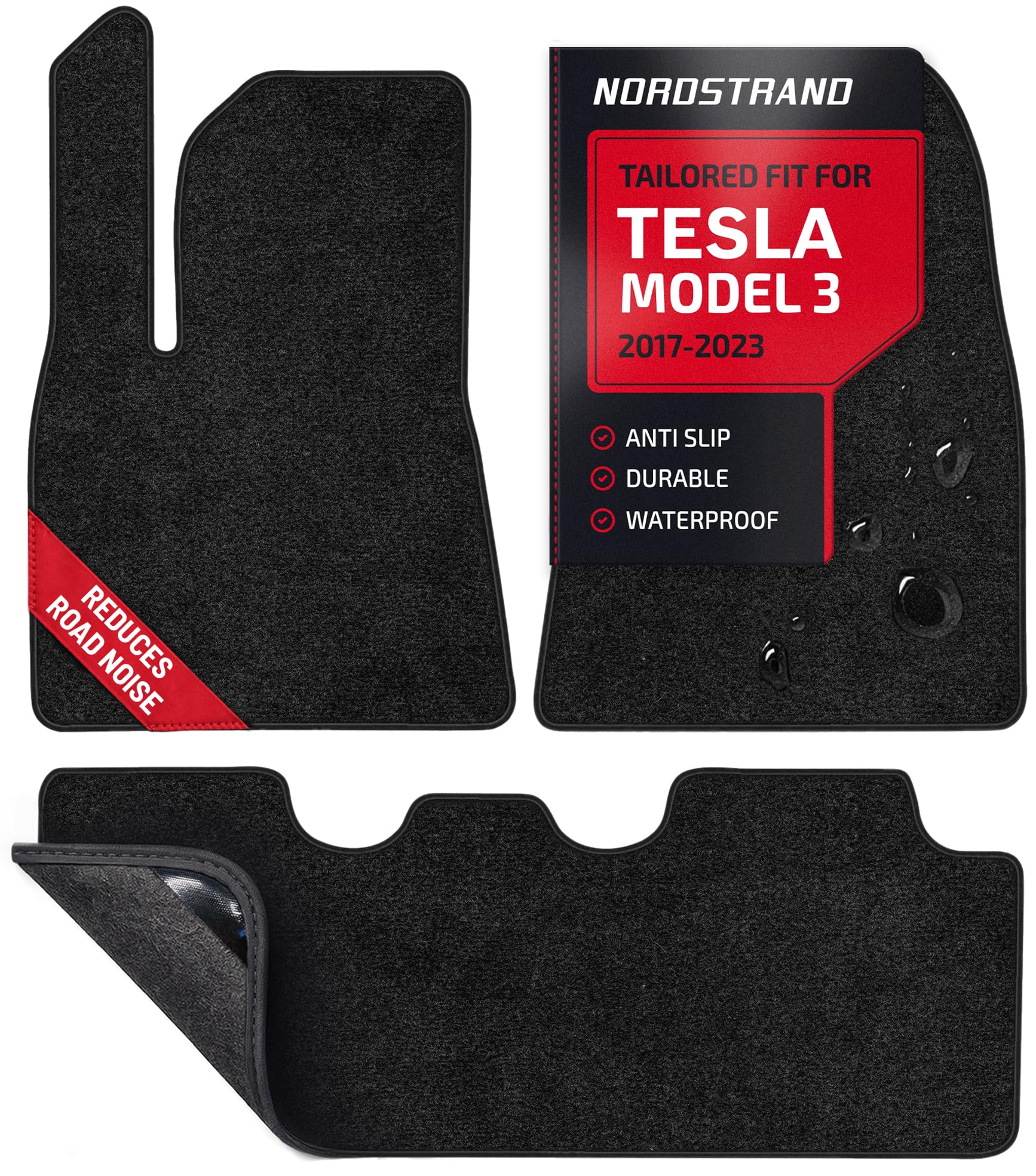 nordstrand floor mats for tesla model 3 2023-2017 - custom 3d fit - 1st & 2nd row - set of 3 - nylon anti-slip backing - 30oz heavy duty carpet mat - all weather car liner floormats