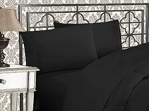 Elegant Comfort Luxurious 1500 Premium Hotel Quality Microfiber Three Line Embroidered Softest 4-Piece Bed Sheet Set, Wrinkle and Fade Resistant, Queen, Black