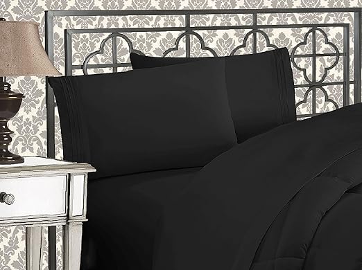 Elegant Comfort Luxurious 1500 Premium Hotel Quality Microfiber Three Line Embroidered Softest 4-Piece Bed Sheet Set, Wrinkle and Fade Resistant, Queen, Black