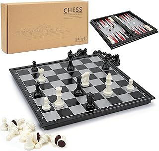 Gibot 3 in 1 Chess Board Sets, 31.5CM x 31.5CM Magnetic Chessboard with Chess, Checkers, Backgammon for Kids and Adult, Chess Sets Foldable and Portable for Travel, Chess Set Kids Black and White