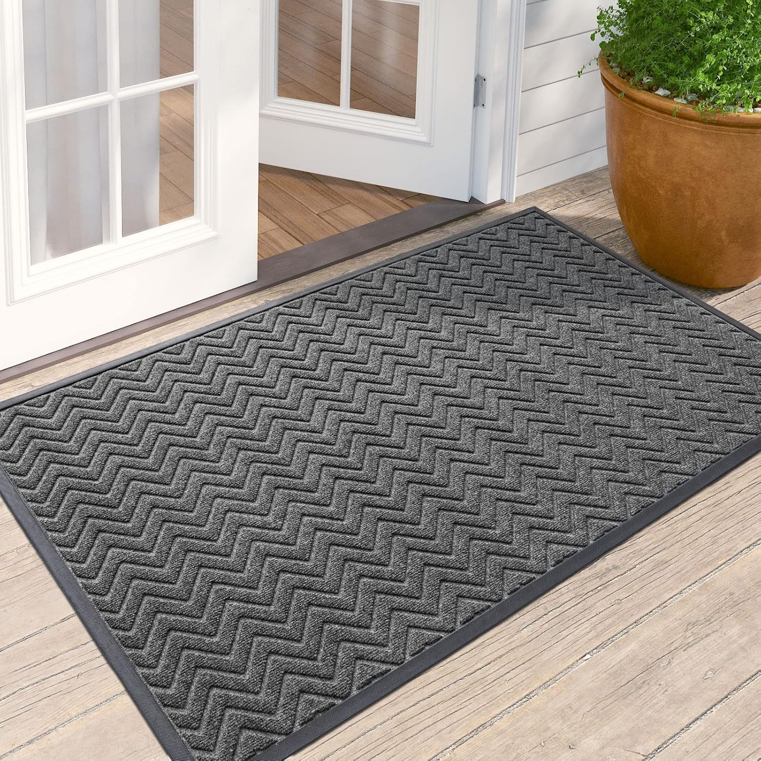 DEXI Door Mat, Durable Heavy Duty Outdoor Indoor Doormat, Stain and Fade Resistant, Low Profile, Non Slip Front Door Mats, Easy Clean Patio Entryway Floor Mat, 3'x5', Chevron Dark Grey 59"x35" Chevron Dark Grey