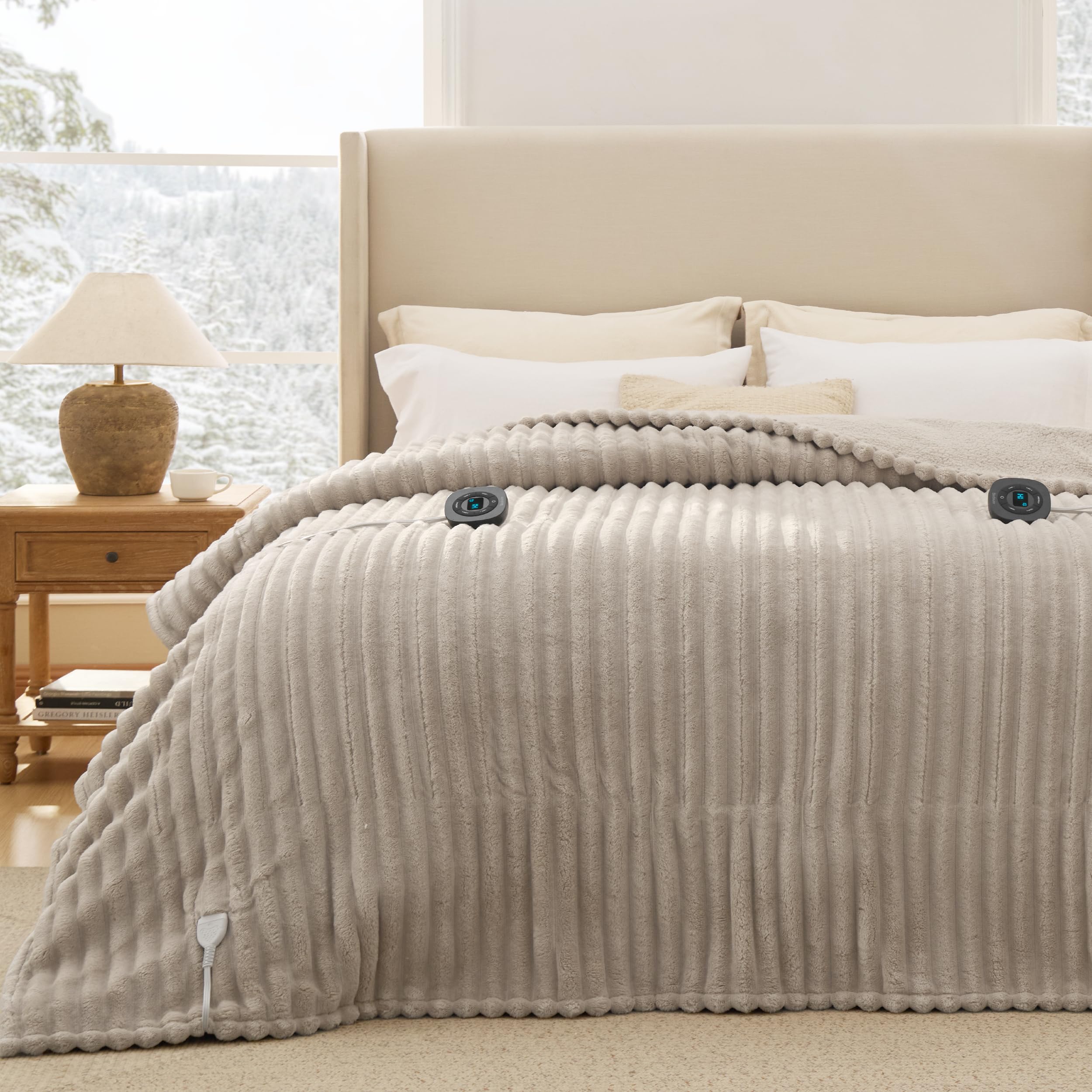 Bedsure Electric Blanket Queen Size - Thick Striped Flannel Electric Blanket with Dual Control, Heating with 10 Heat Settings &amp; 10 Time Settings, 8 hrs Timer Auto Shut Off (84x90 inches, Linen)