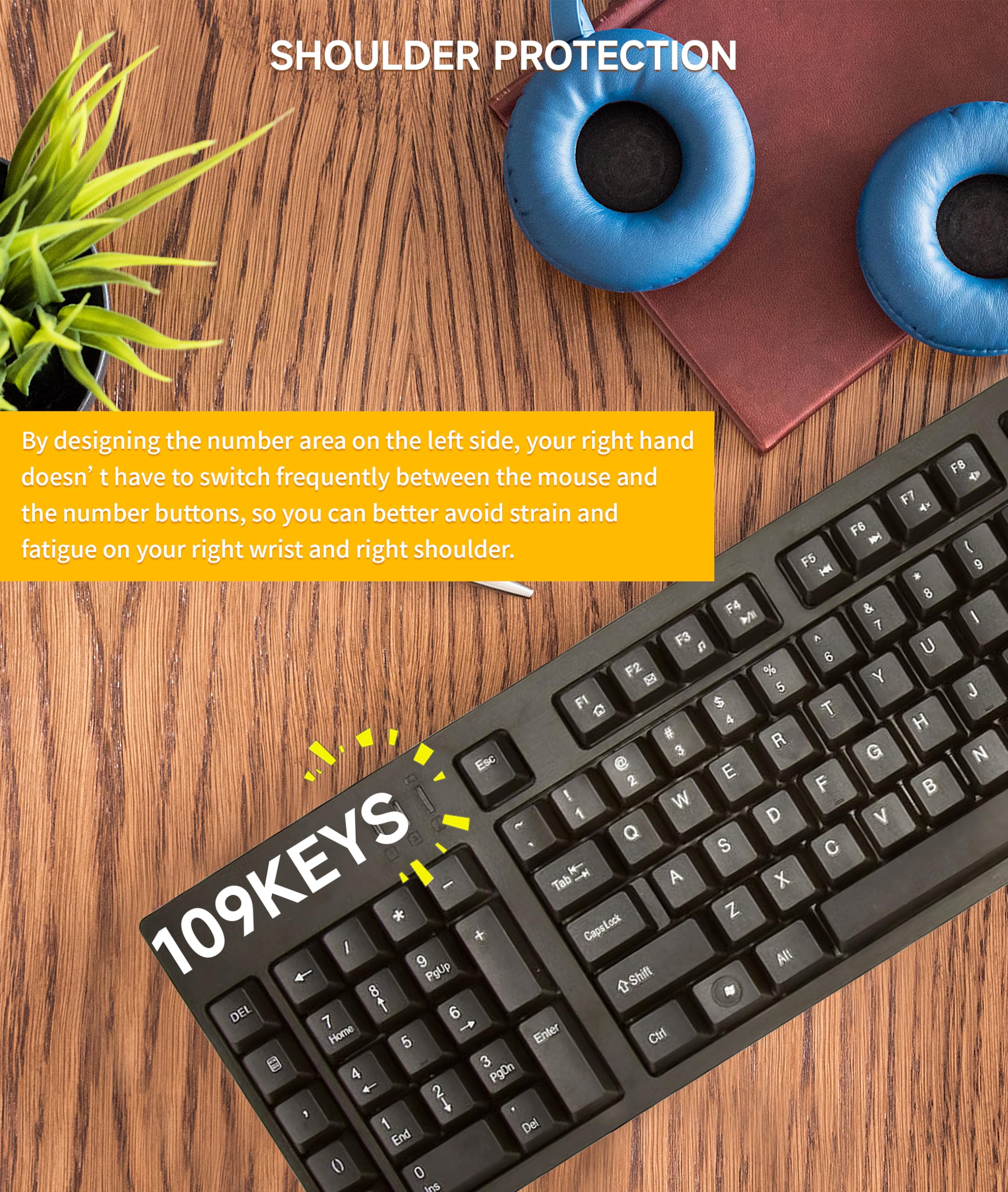 Tastiera Ergonomica A 109 Tasti Per Mancini, Con Tastierino Numerico A Sinistra, Micro USB E Materiale ABS