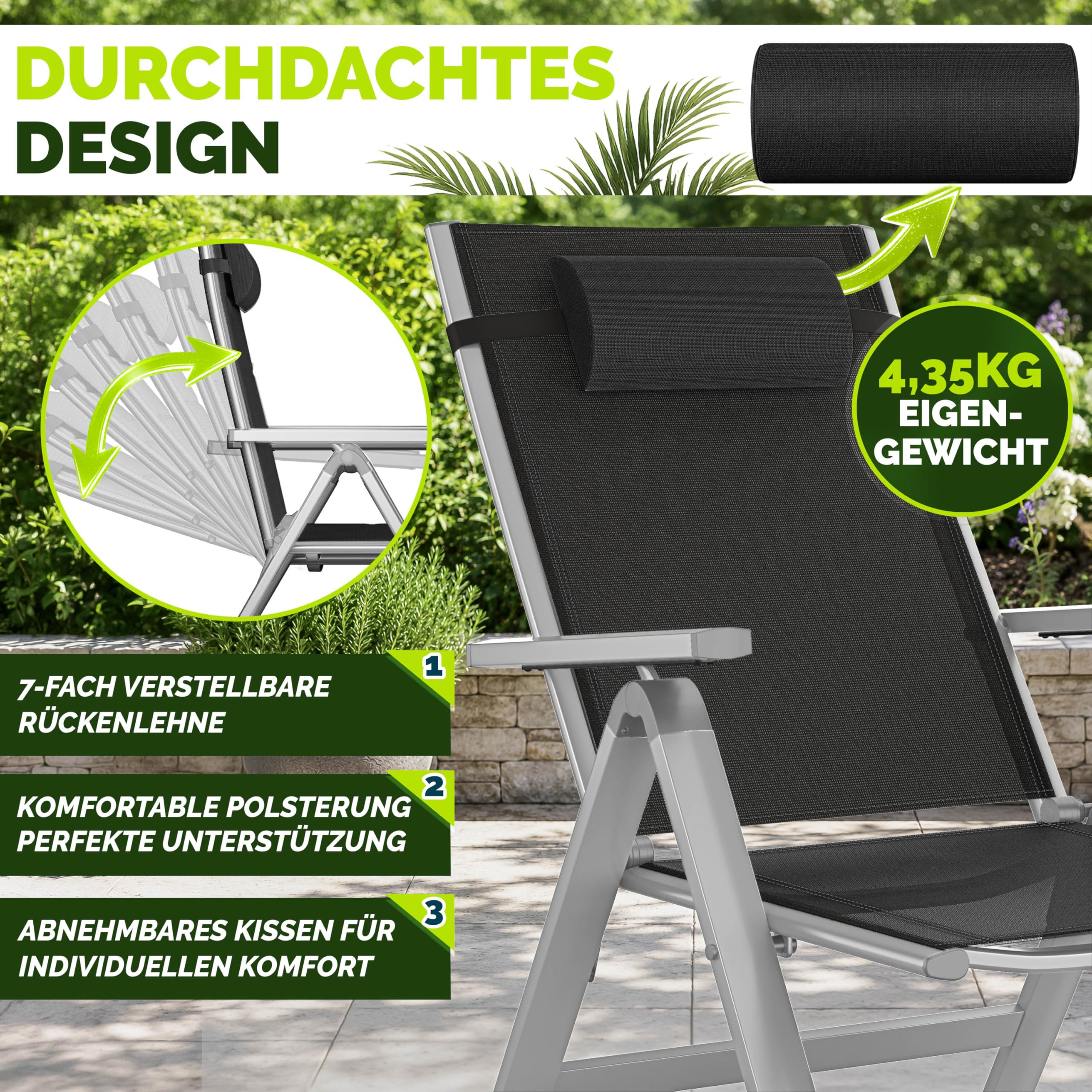 tillvex® Gartenstuhl Hochlehner 6er Set mit Kopfkissen | Klappstuhl mit Armlehnen 7-Fach Verstellbar | Campingstuhl Klappbar Wetterfest | Gartenstühle Aluminium
