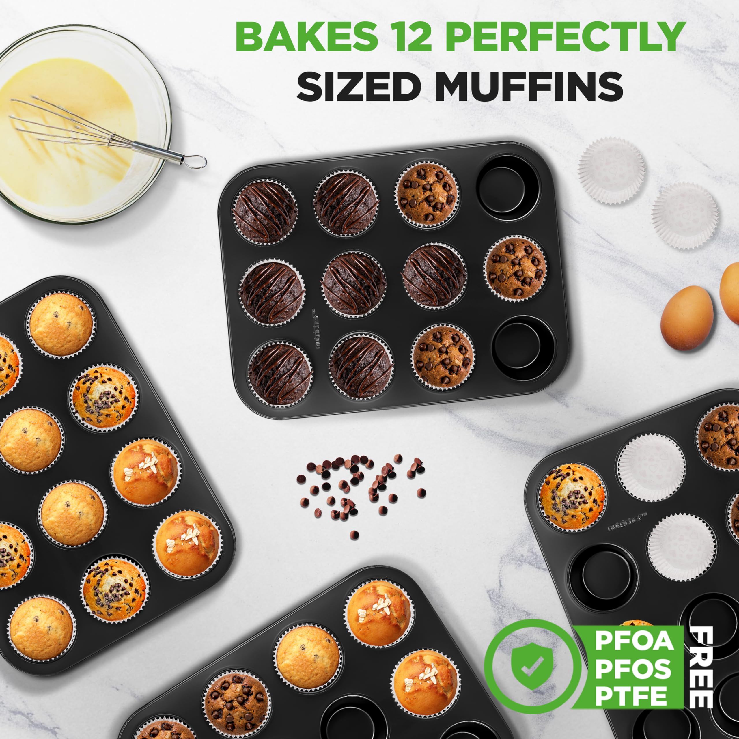 NutriChef Muffinformen zum Backen, antihaftbeschichtet, 12 Formen, stapelbare Cupcake-Formen, Karbonstahl, spülmaschinen- und ofenfest, inklusive 200 Pergamentpapiereinlagen, 33 x 10 x 2,5 cm, Schwarz