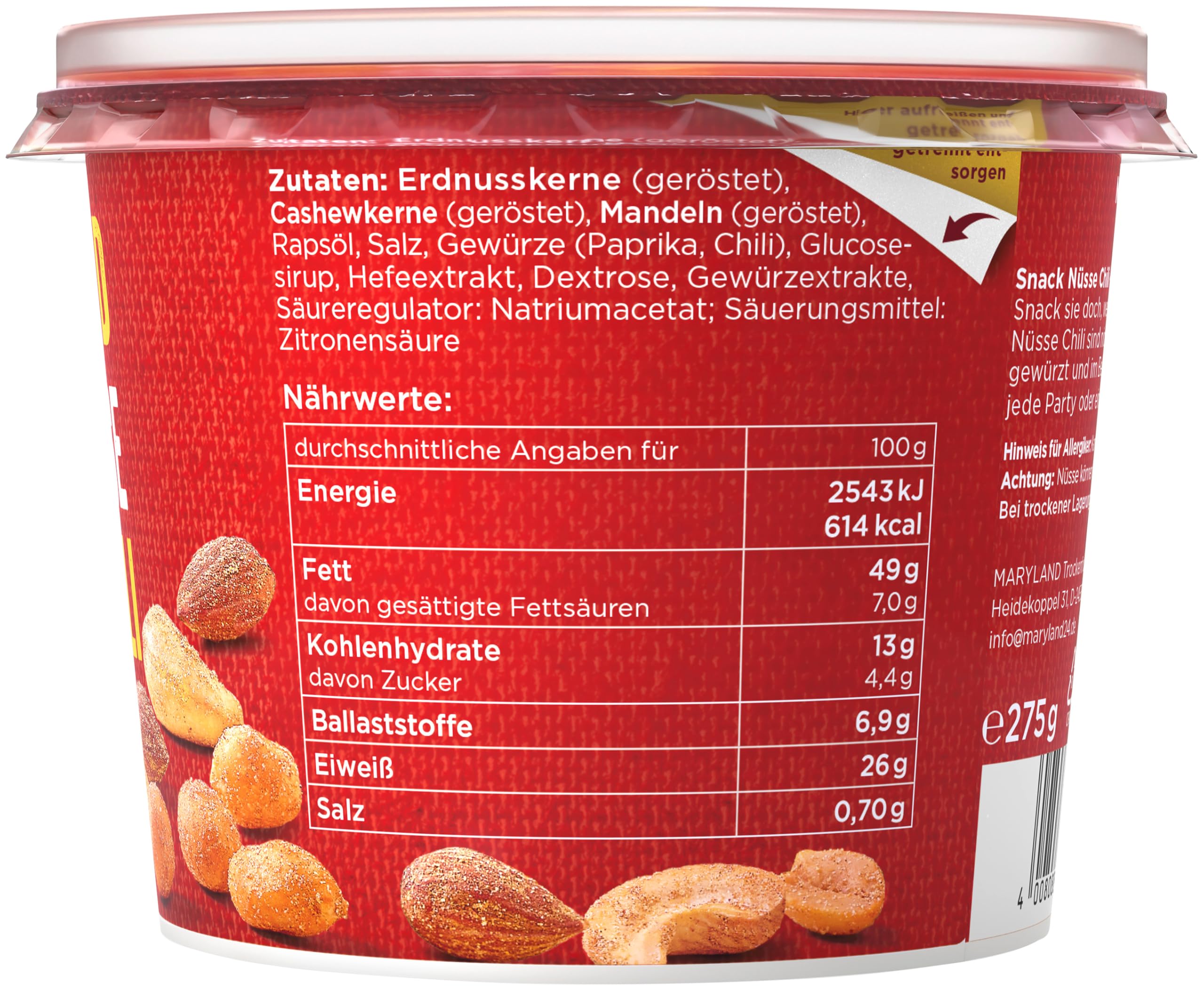Maryland Snack Nüsse Chili 275g Becher Vorratspack - Erdnüsse, Cashewkerne und Mandeln in Nussmischung - knackig-scharf gewürzt und geröstet - wiederverschließbarer Becher (6 x 275g)