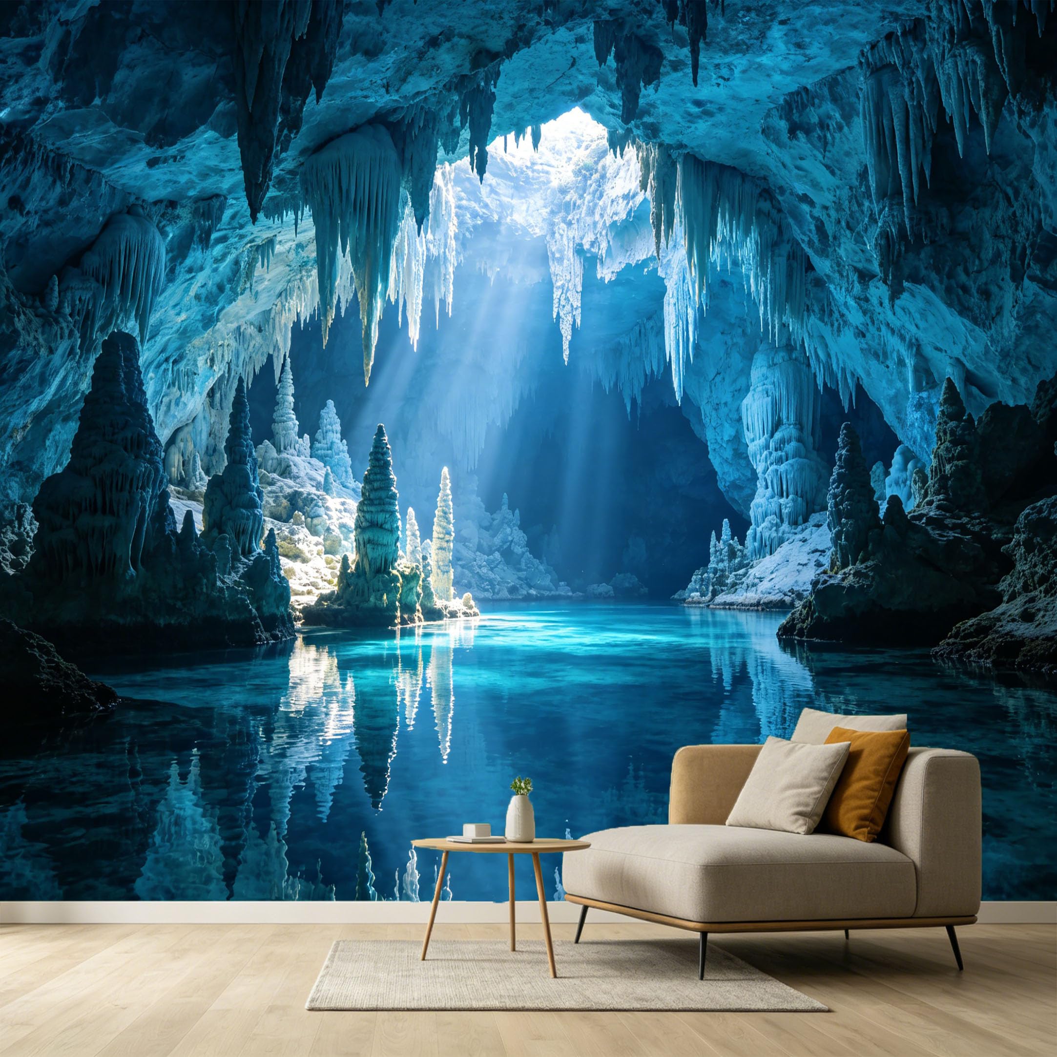 Custom Size Wall Murals Blue Cave Landscape 3D Trompe L'Oeil Stalactite Reflection SelfAdhesive Wall Fabric Removable Large Wallpaper for Photo Living Room