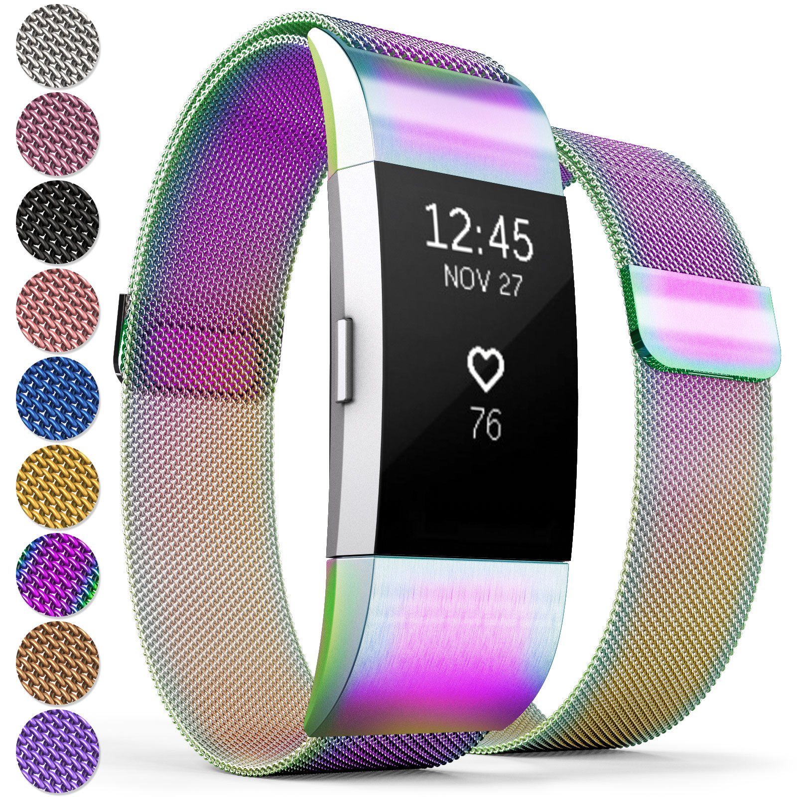 Proworks Compatible Strap For FitBit Charge 2 | Metal Band Replacement For Charge 2 with Fully Adjustable Mesh Loop Design, Brushed Stainless Steel Magnetic Wristband For Men & Women - Multicoloured