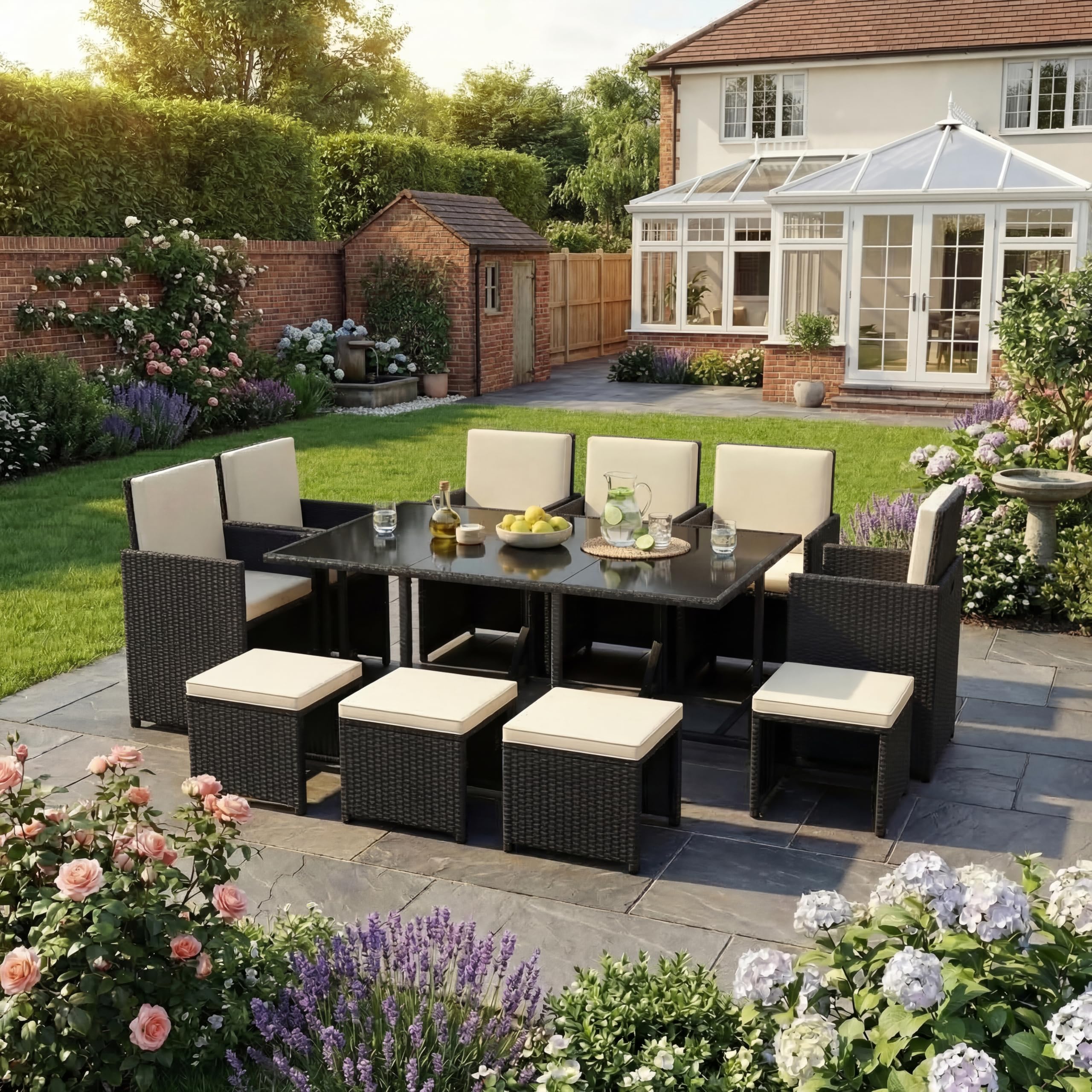 Garden Vida Cuba 10 Seater Rattan Set | Black | Complete Outdoor Garden Patio Dining Table Set | Steel Frame & PE Wicker | UKFR Certified | Weather Resistant, Tempered Glass, With Cushions