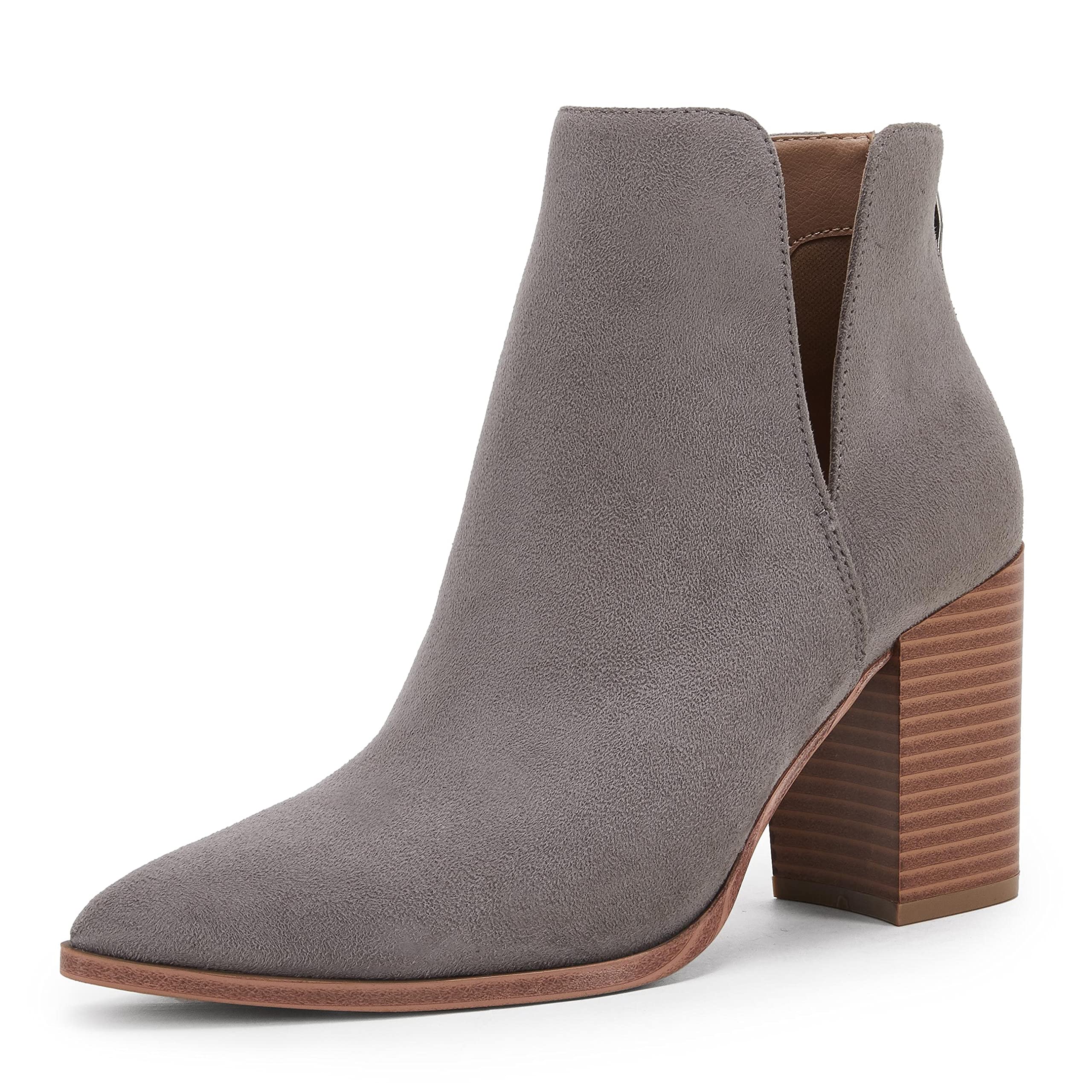 SERAIH Womens Pointed Toe Ankle Booties Stacked Mid Block Heel Cutout Back Zipper Shoes Faux Leather Boots