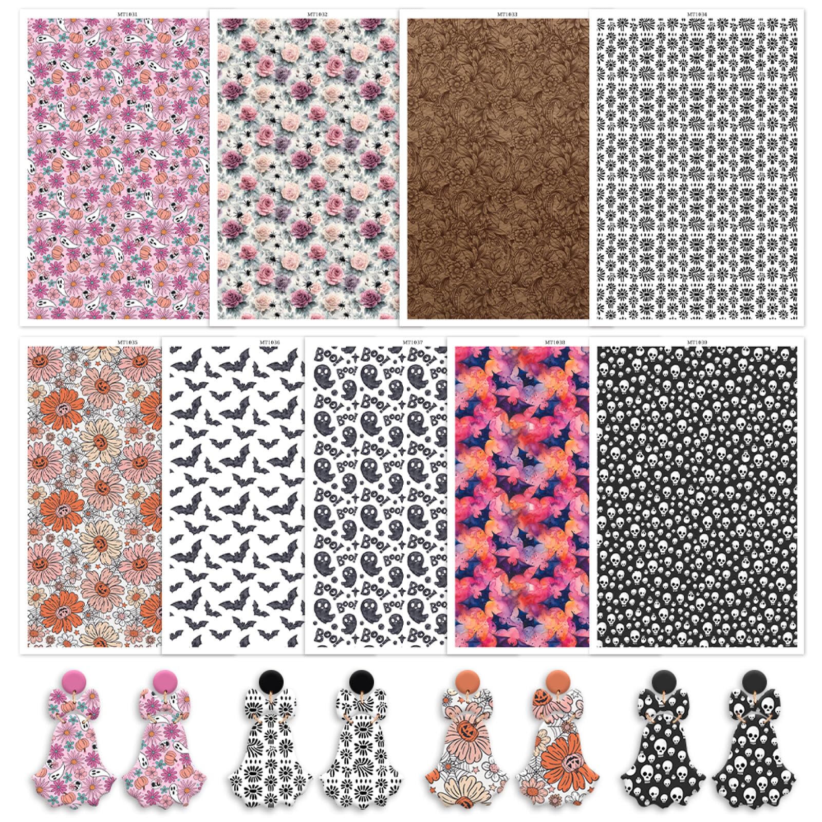 9 Pcs Halloween Transfer Paper for Polymer Clay, Pumpkin Ghost Floral Spider Skull Pattern Water Transfer Sheet for Polymer Clay,Water Soluble Transfer Sheet for Earrings Jewelry Making 5.8X3.9in