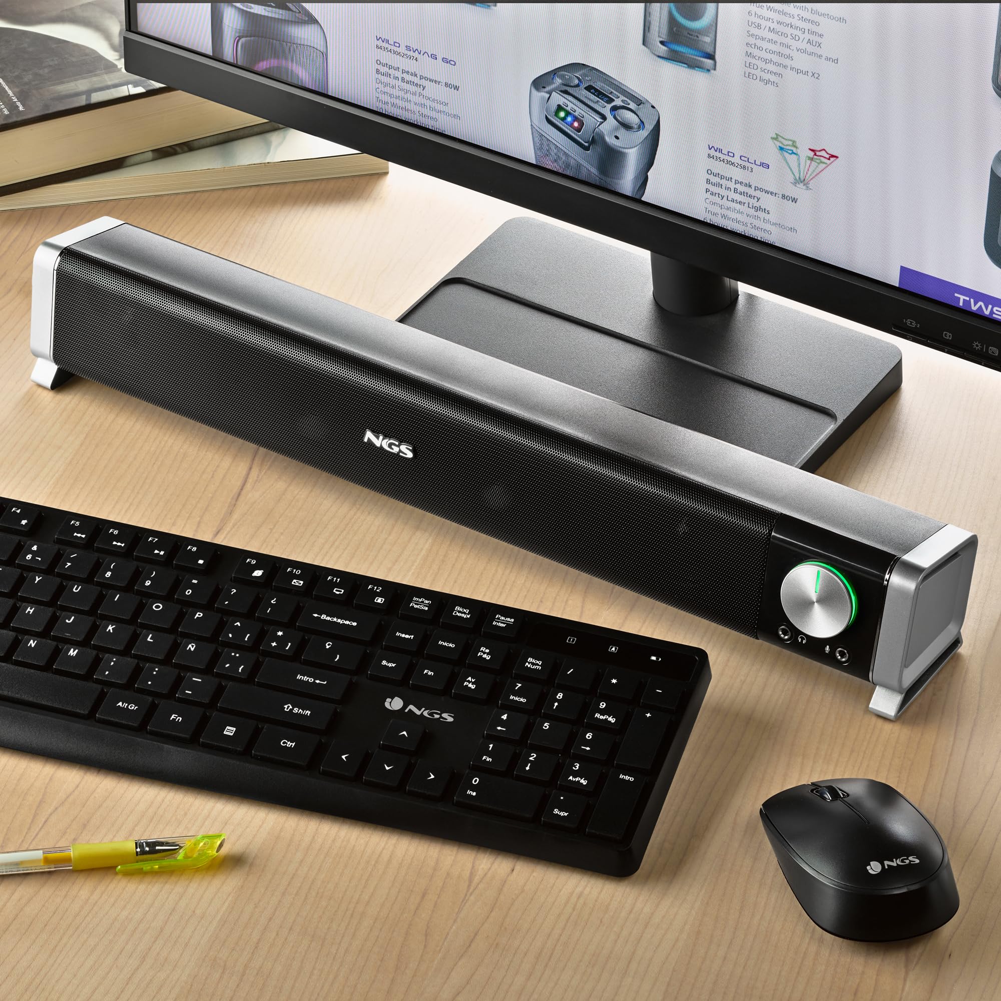 NGS SB500 BT - Barre de Son Bluetooth 20 W pour PC, TV, Tablette et Mobile, stéréo, USB, Prise 3,5 mm, entrée Micro, Sortie Casque, Plug & Play