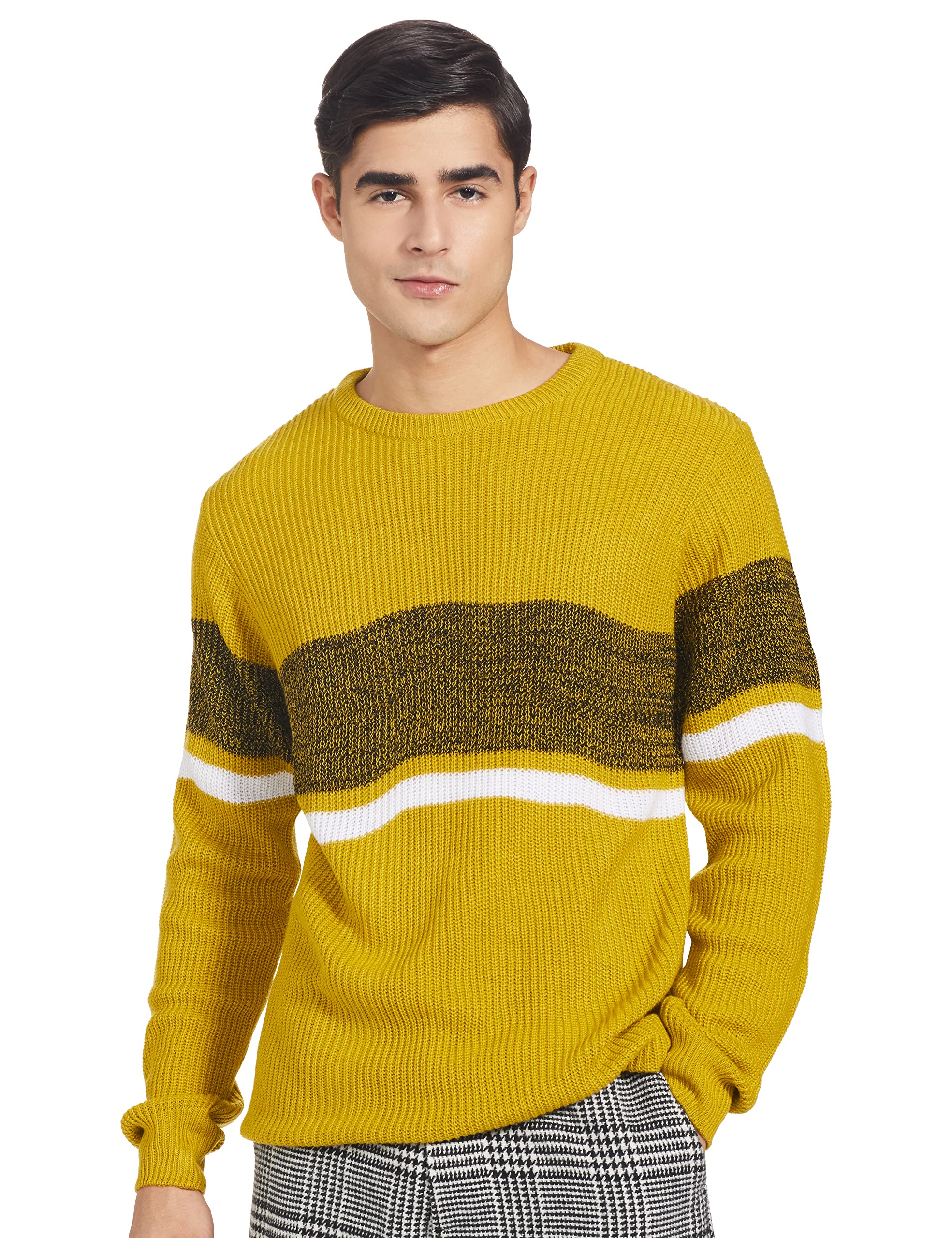 Amazon Brand - Symbol Men's Acrylic FS Placement Stripe RN Sweater Pullover (SWR-19_Mustard_3XL)