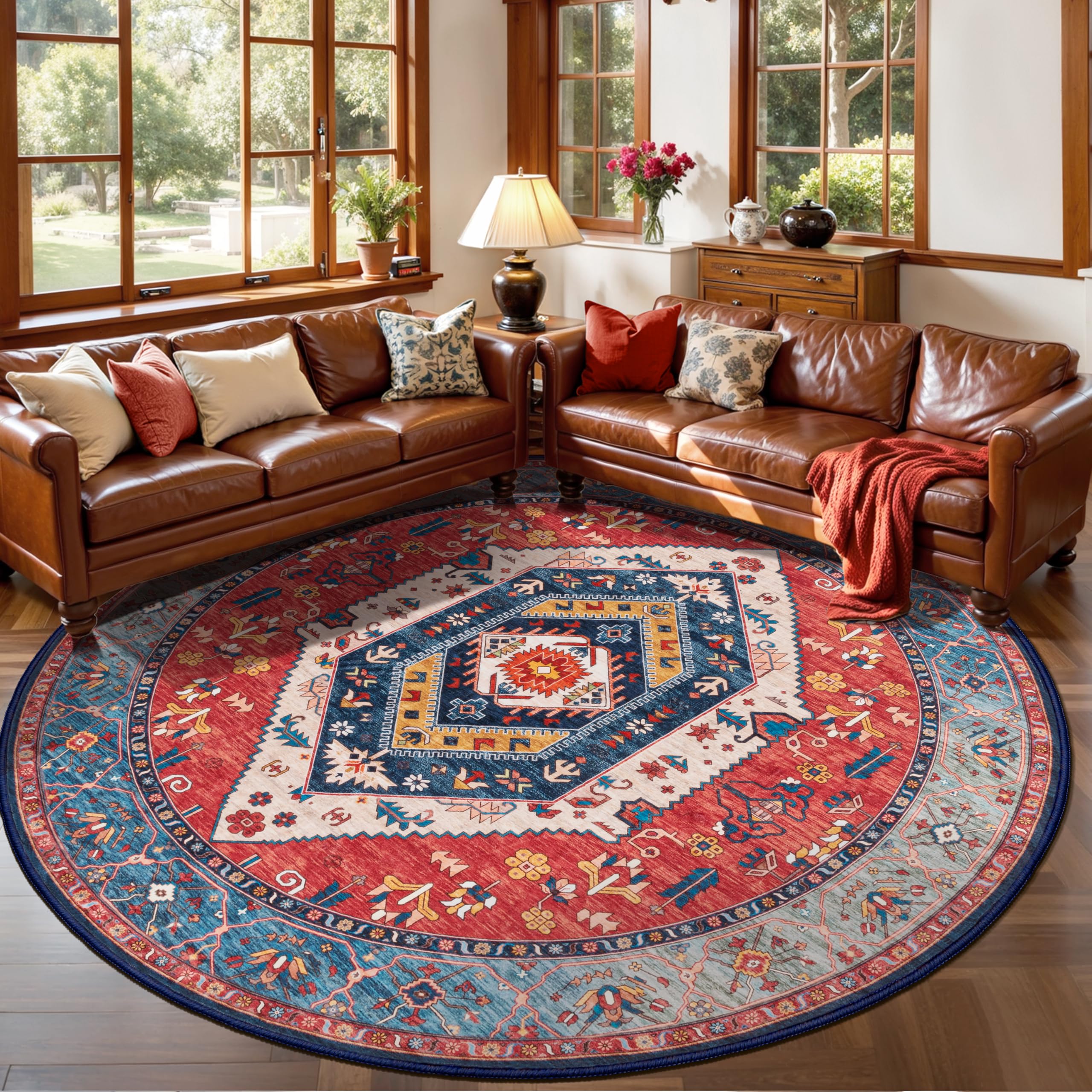 SERISSA Boho Round Area Rug, 8ft Washable Non-Slip Circle Rug, Ultra Soft Large Oriental Vintage Rust Low-Pile Circular Carpet for Living Room Bedroom Dining Room Kids Room Office College Dorm