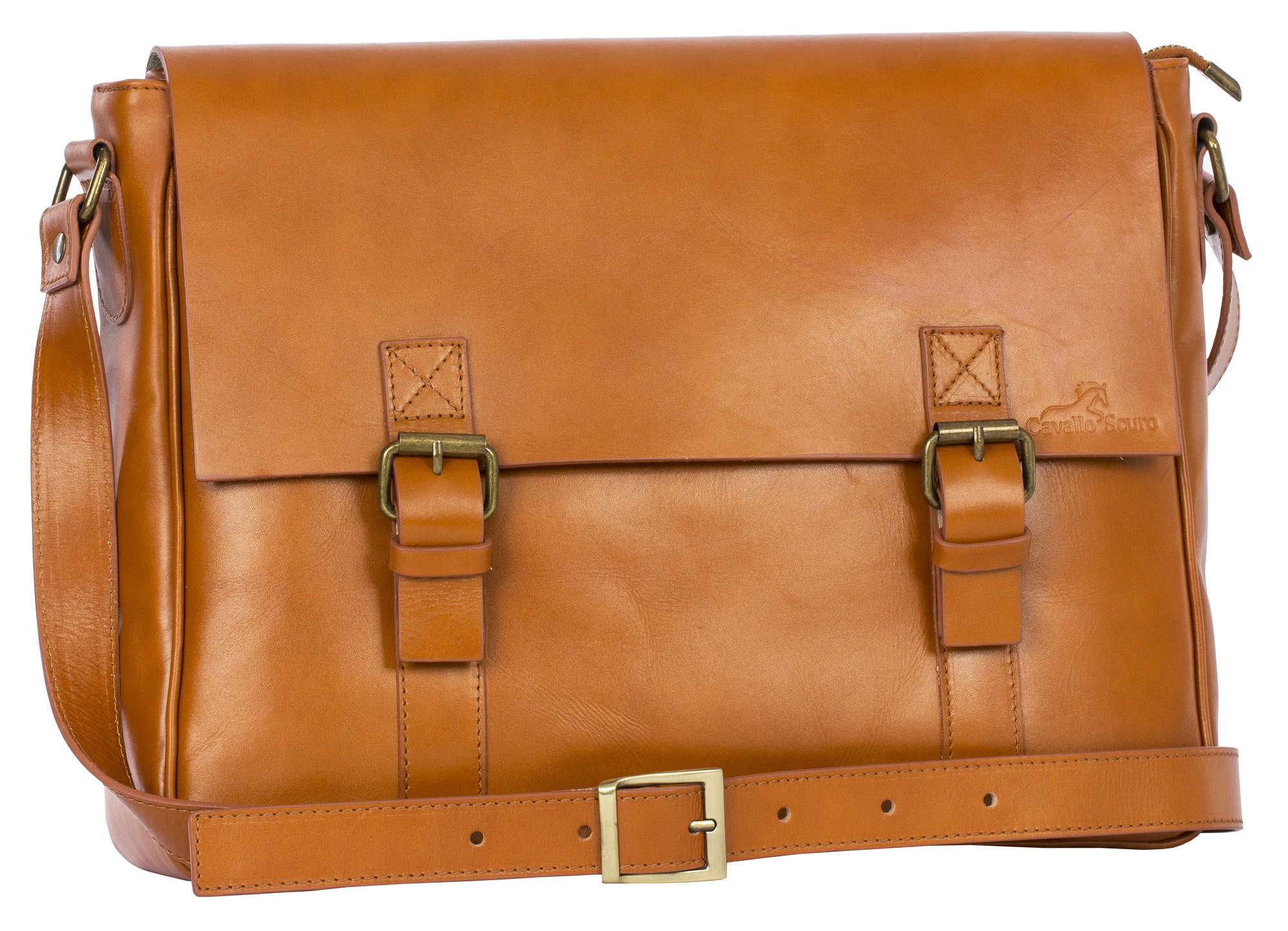 Cavallo Scuro Mens Genuine Leather Double Buckle Large Cross Body Messenger Bag (DoubleBuckle - Medium Tan)
