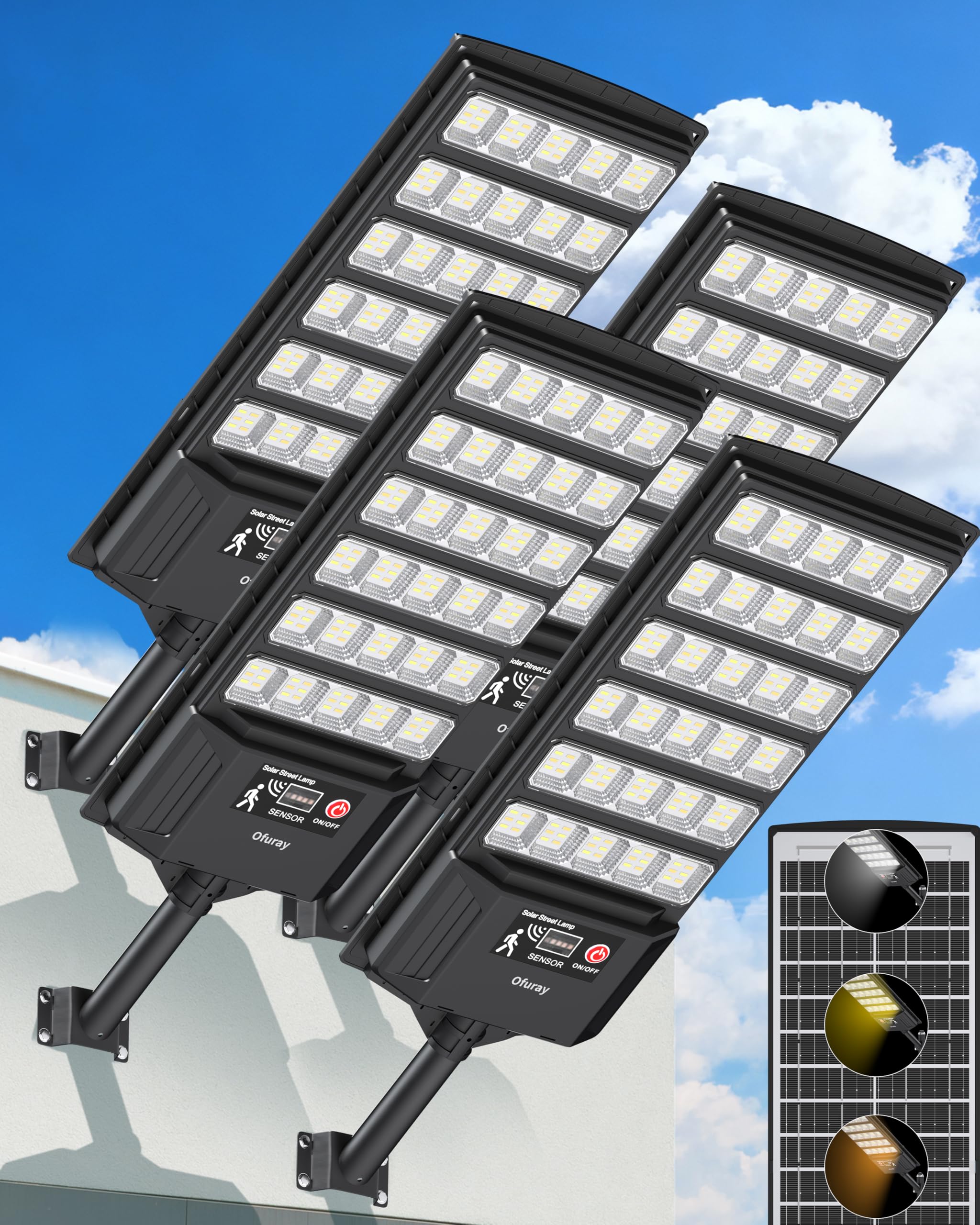 Ofuray Solar Straßenlaterne für Außen, 6AH Solarleuchten für außen Dämmerungssensor bis Morgengrauen mit Bewegungssensor, 3000K/4000K/6500K Dimmbar, solarstrahler außen für Wand, Garten, Tri-4P