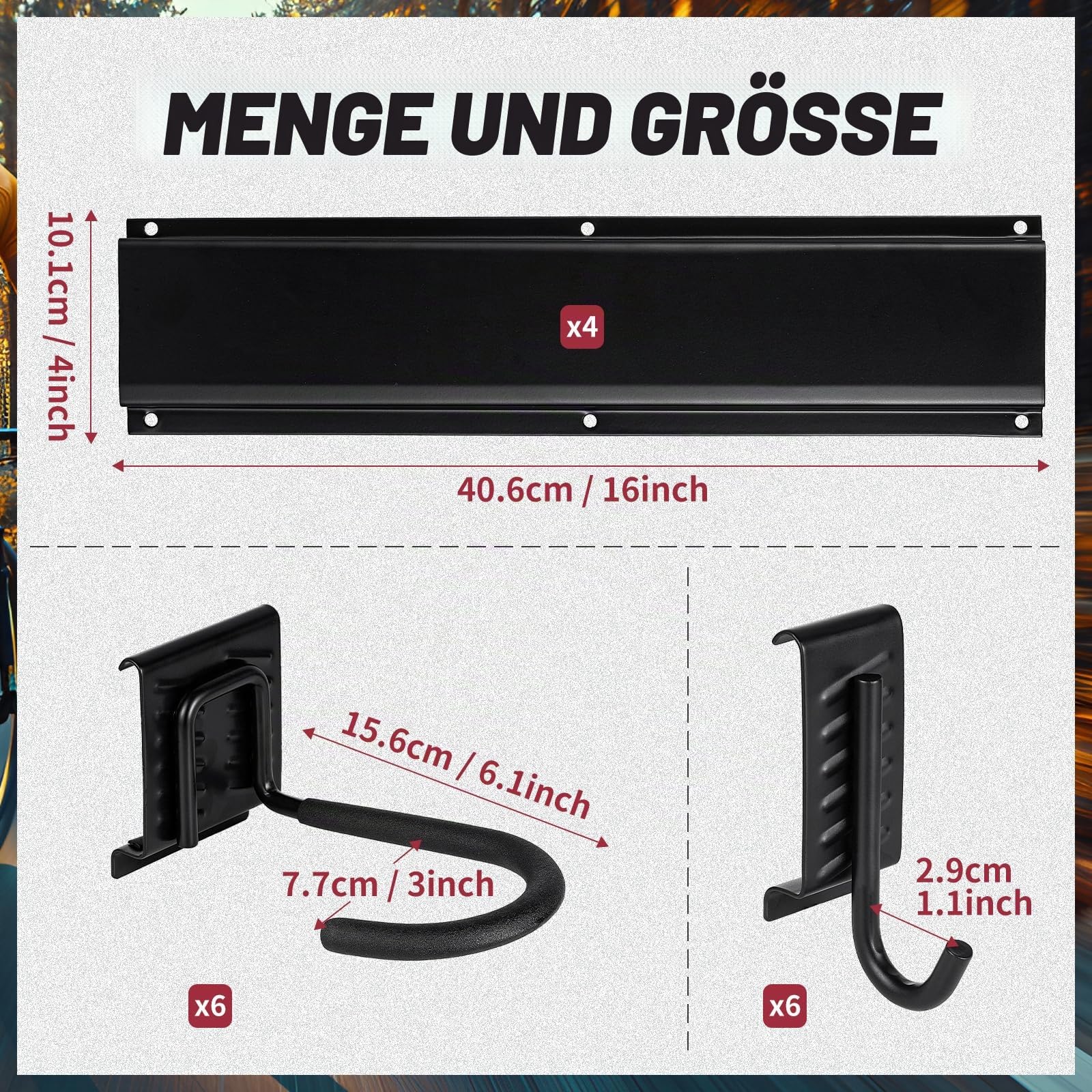Fahrradständer, Wandhalterung für Garagenfahrradständer, 6 Fahrradständer und 6 Helmhaken, Max. Tragkraft 270 kg, 160 cm