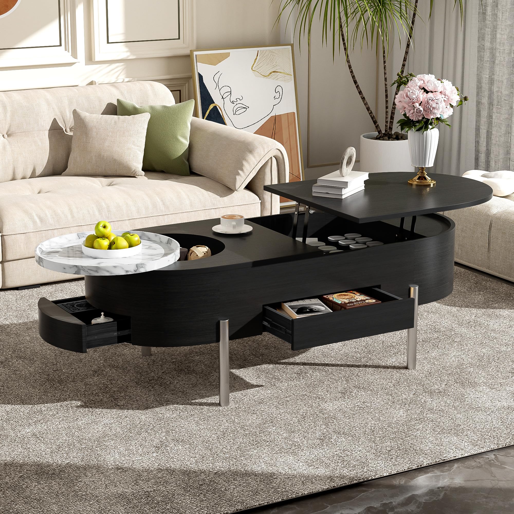 47.2''Lift Top Coffee Table, Wooden Center Table with 360-degree Marble-Patterned Rotating Tray and Hidden Compartment, Modern Oval Lift Tabletop for Home Living Room, Black